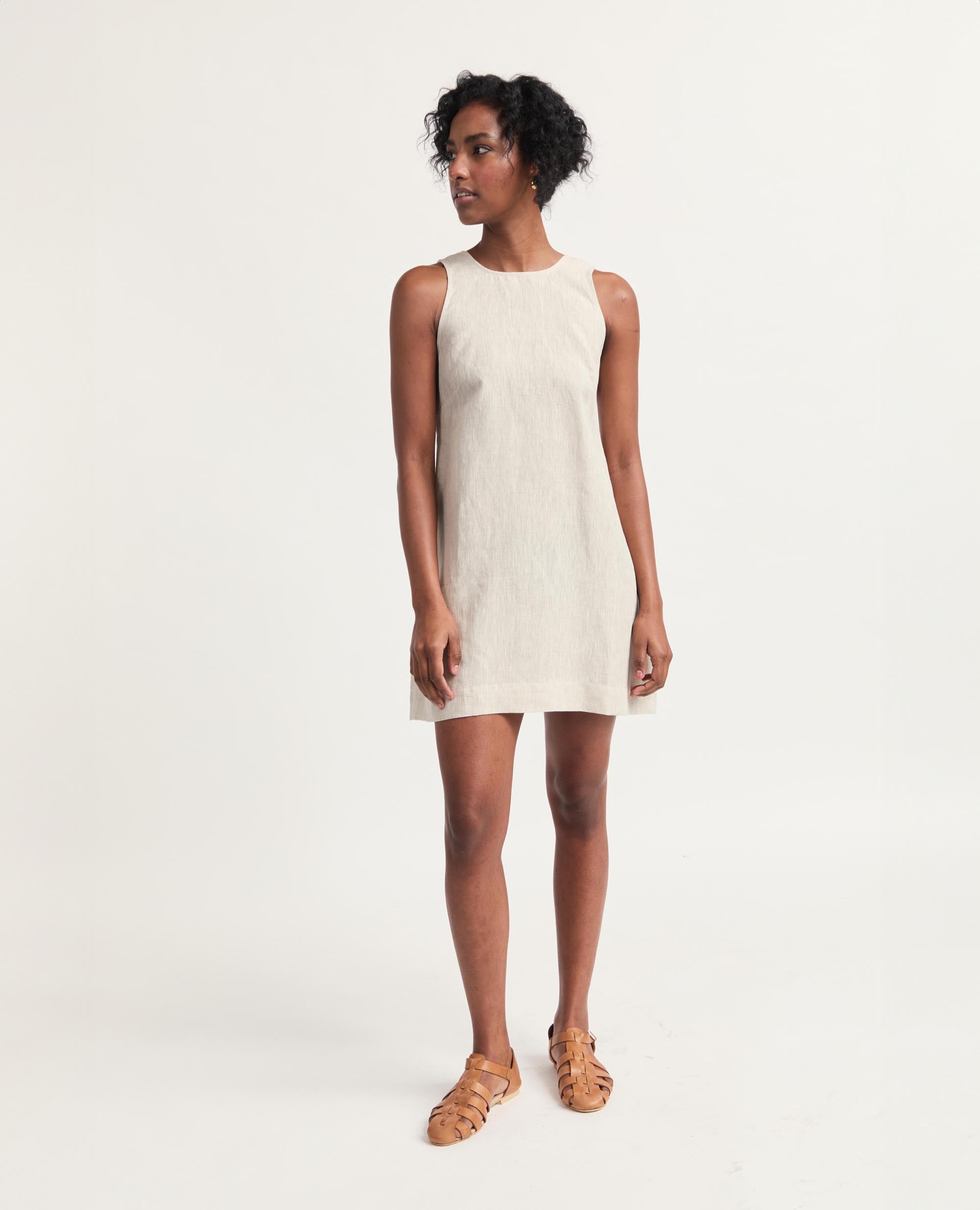 Mini | Sleeveless Open Back A-Line Dress | Natural