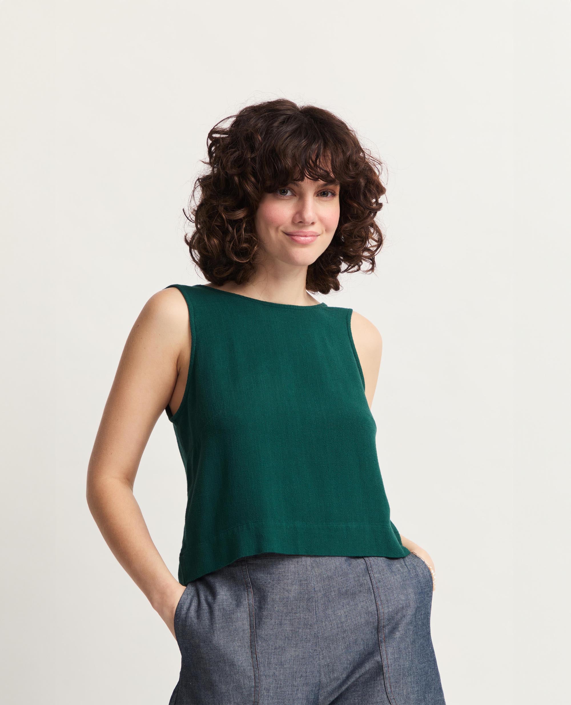 Didi | Sleeveless Open Back Tank Blouse | Bottle Green