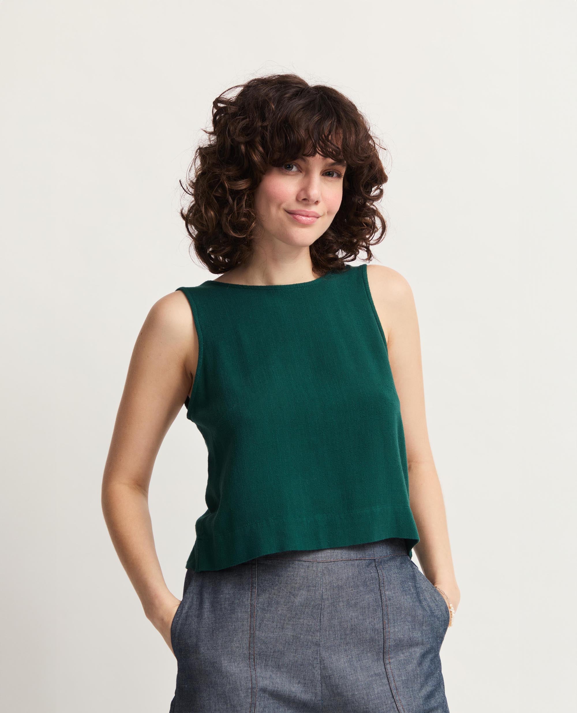 Didi | Sleeveless Open Back Tank Blouse | Bottle Green
