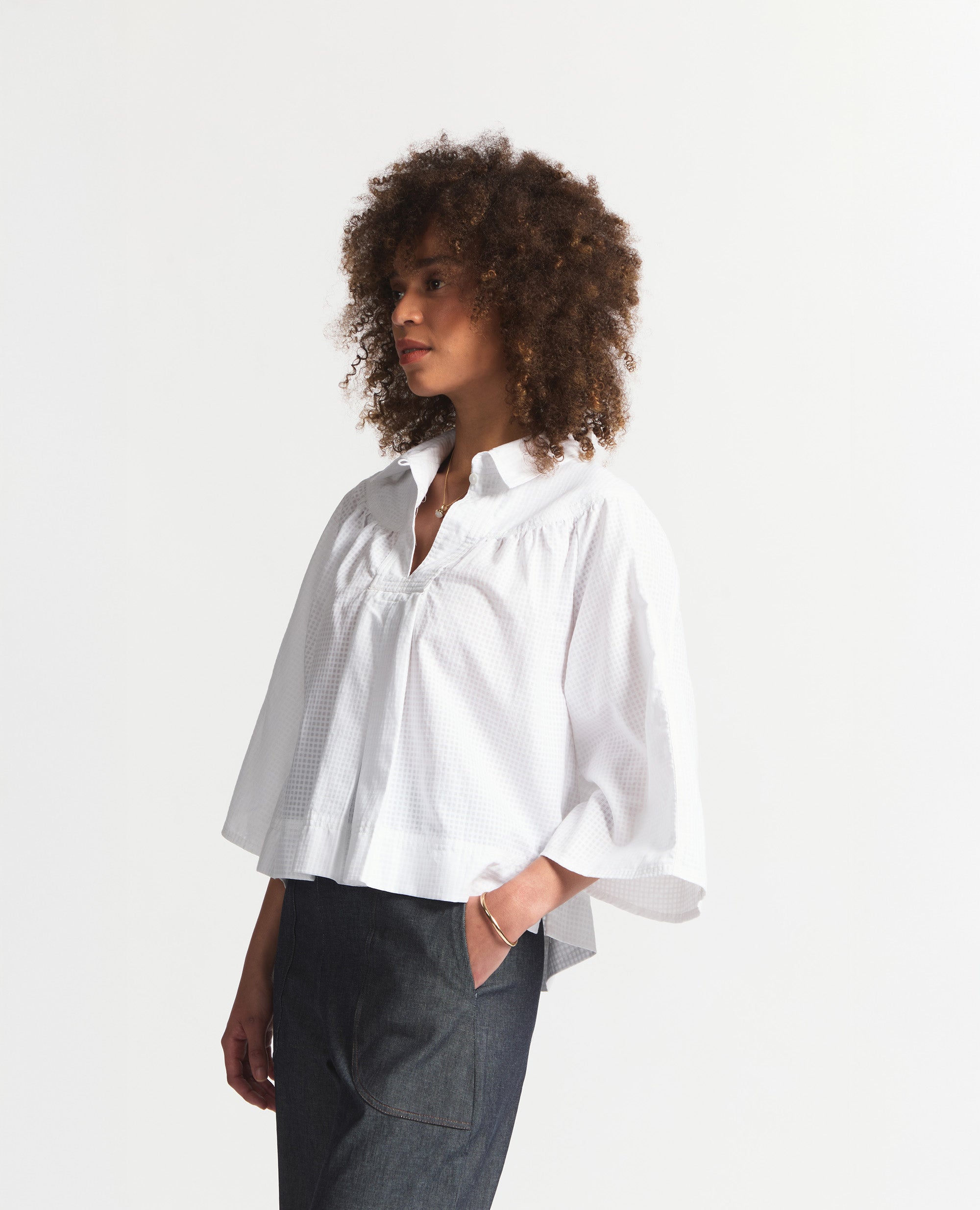 Alva | Three-Quarter Blouse | White Check