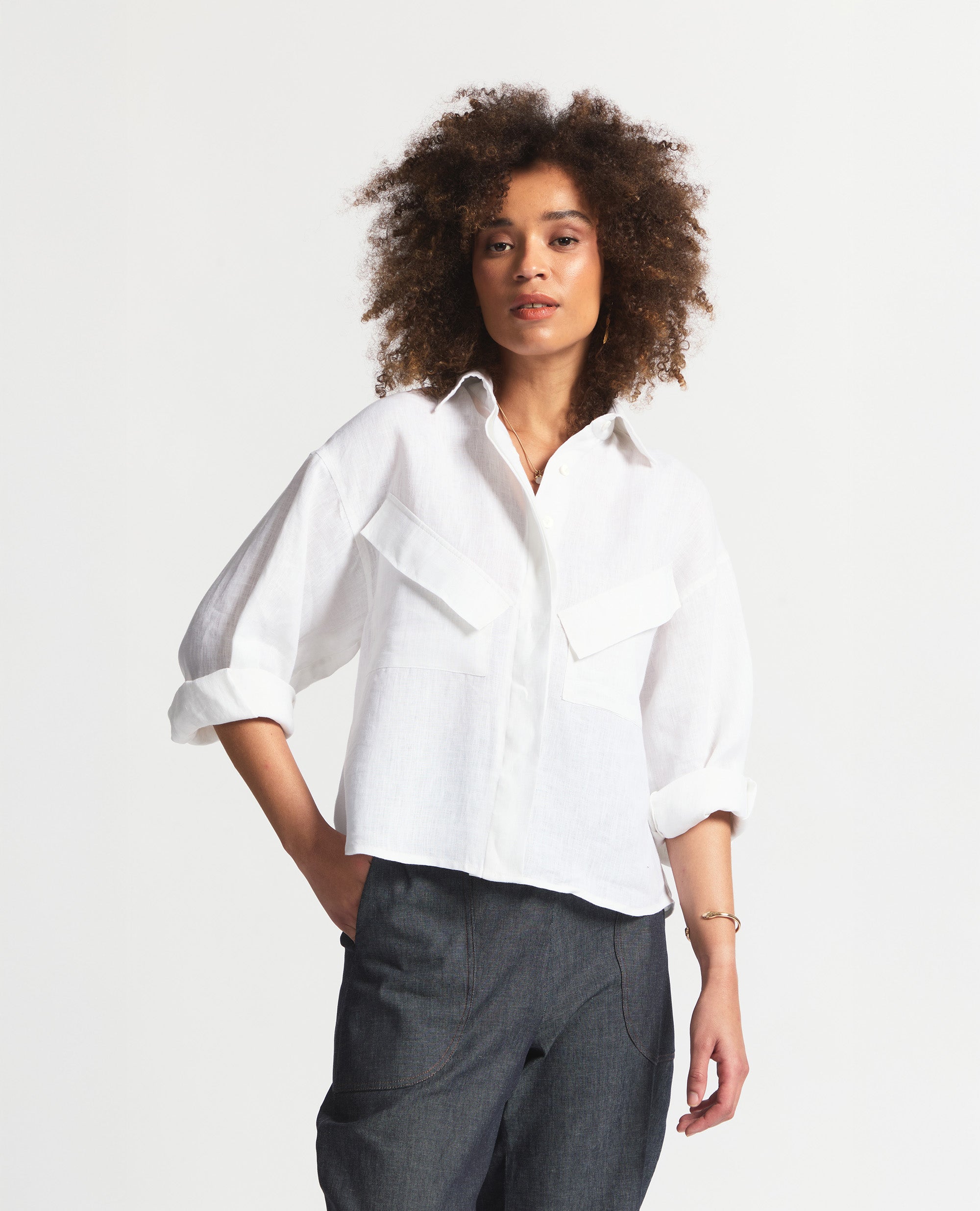 Angle Top | Loose Fit Button Up Blouse | White