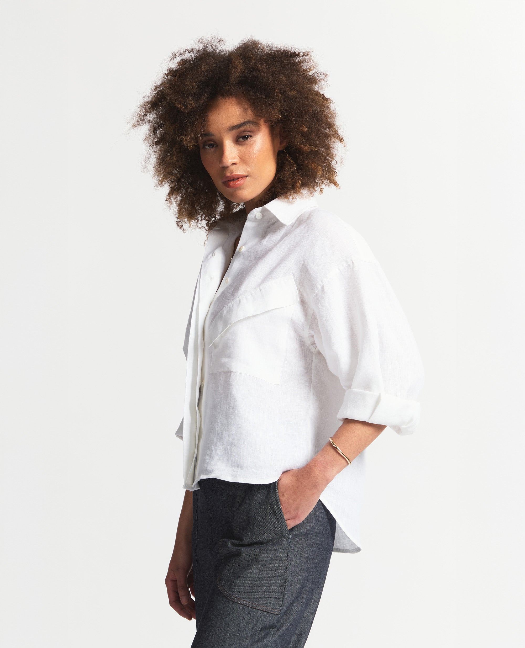 Angle Top | Loose Fit Button Up Blouse | White