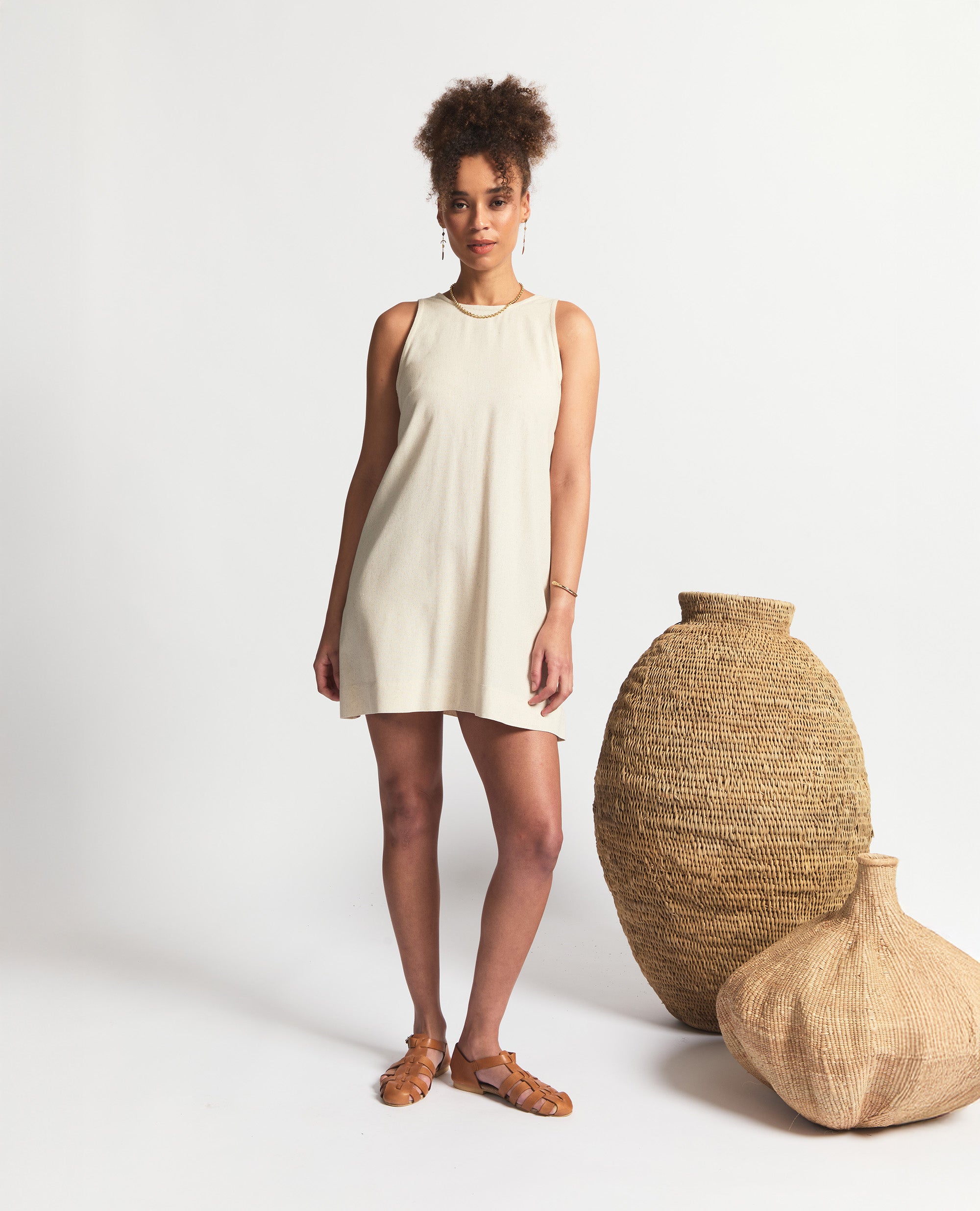 Mini | Sleeveless Open Back A-Line Dress | Oatmeal