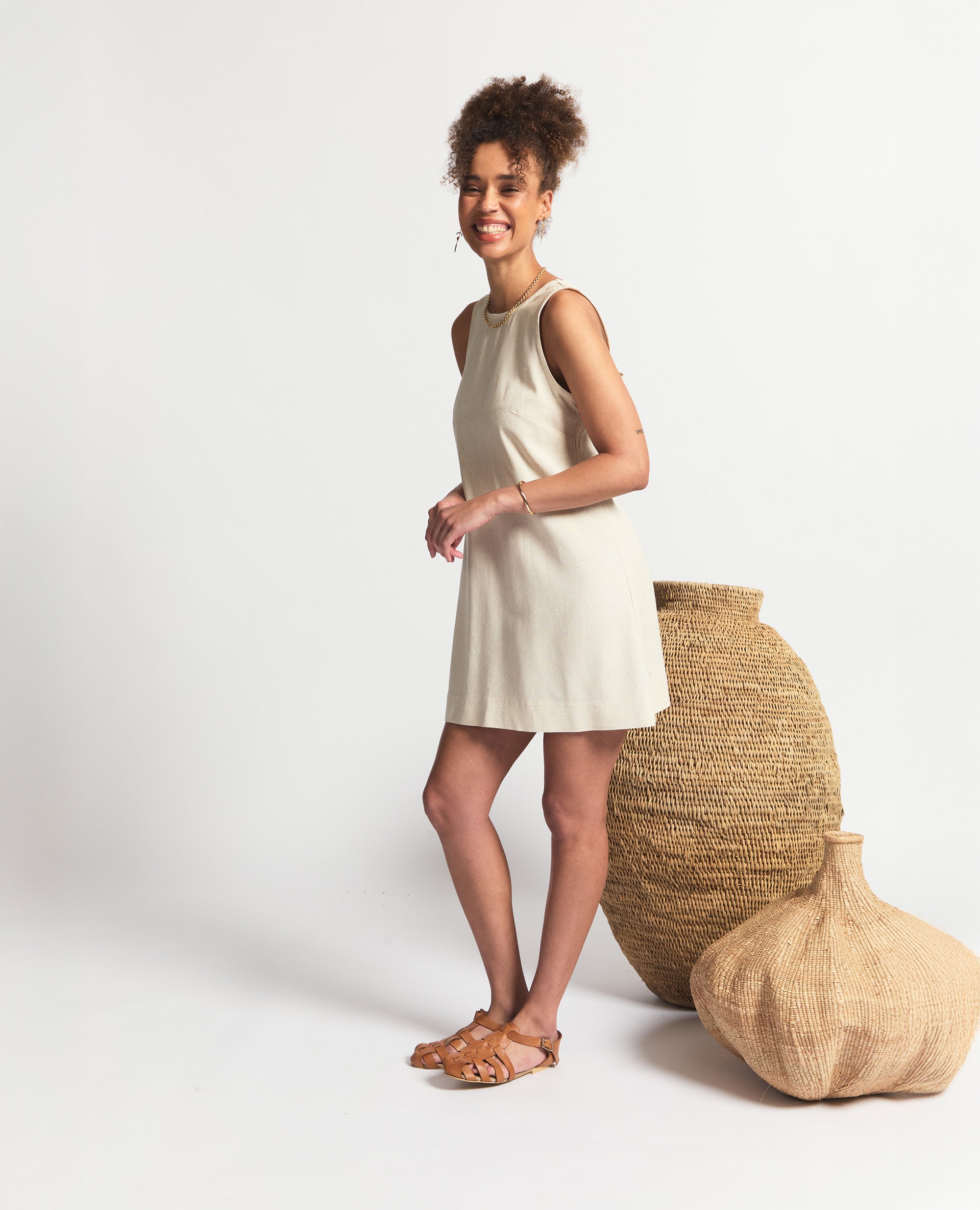 Mini | Sleeveless Open Back A-Line Dress | Oatmeal