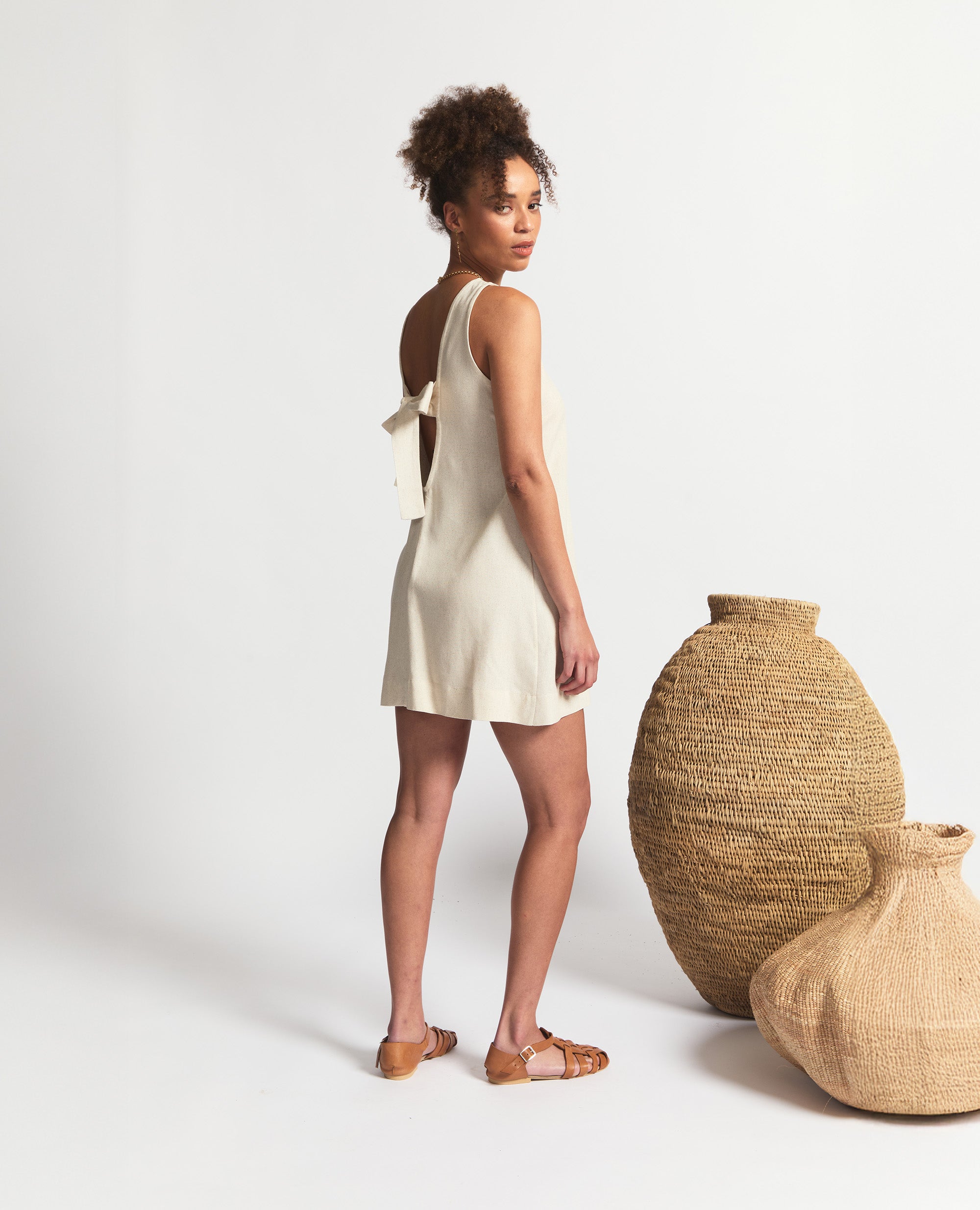 Mini | Sleeveless Open Back A-Line Dress | Oatmeal