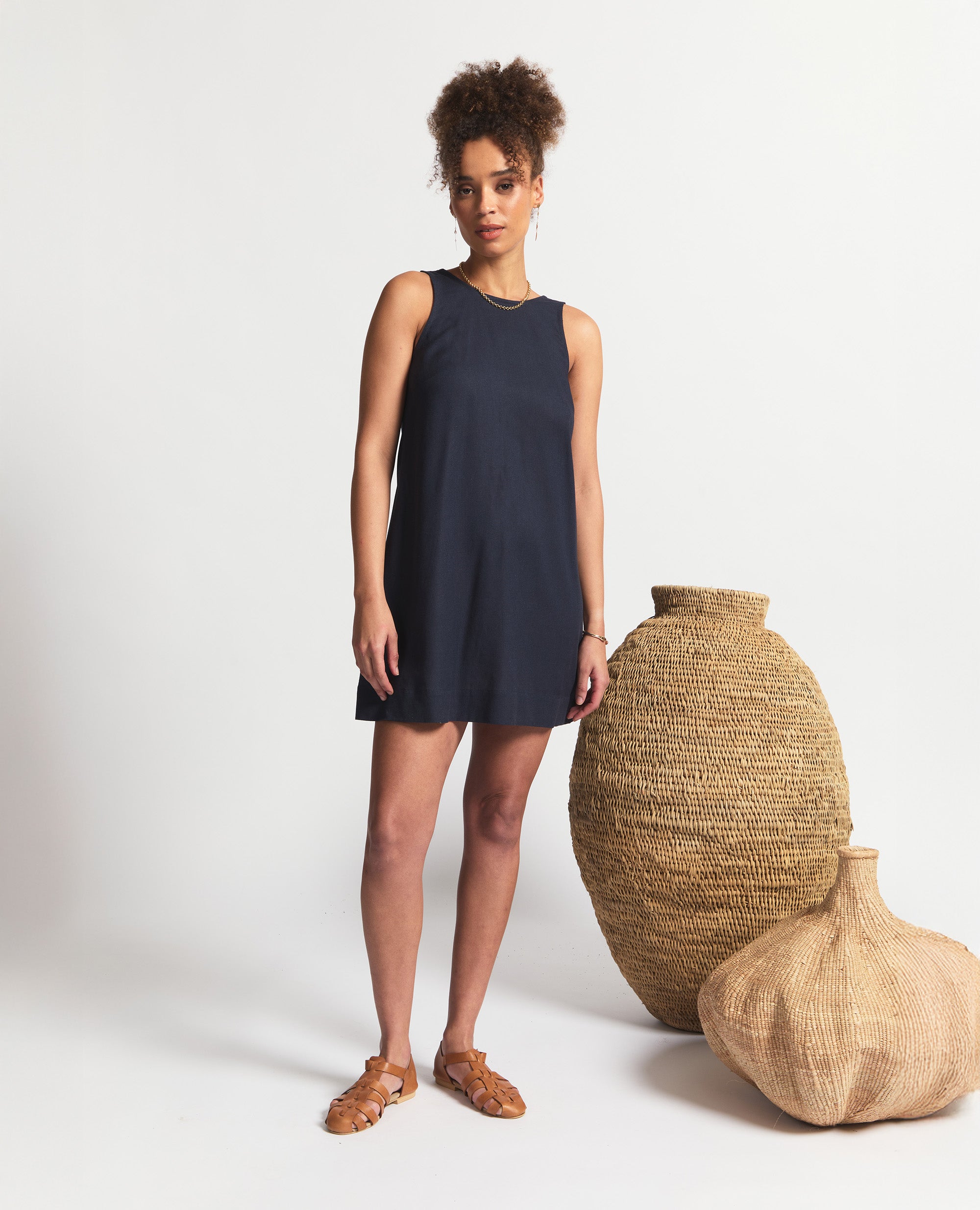 Mini | Sleeveless Open Back A-Line Dress | Navy