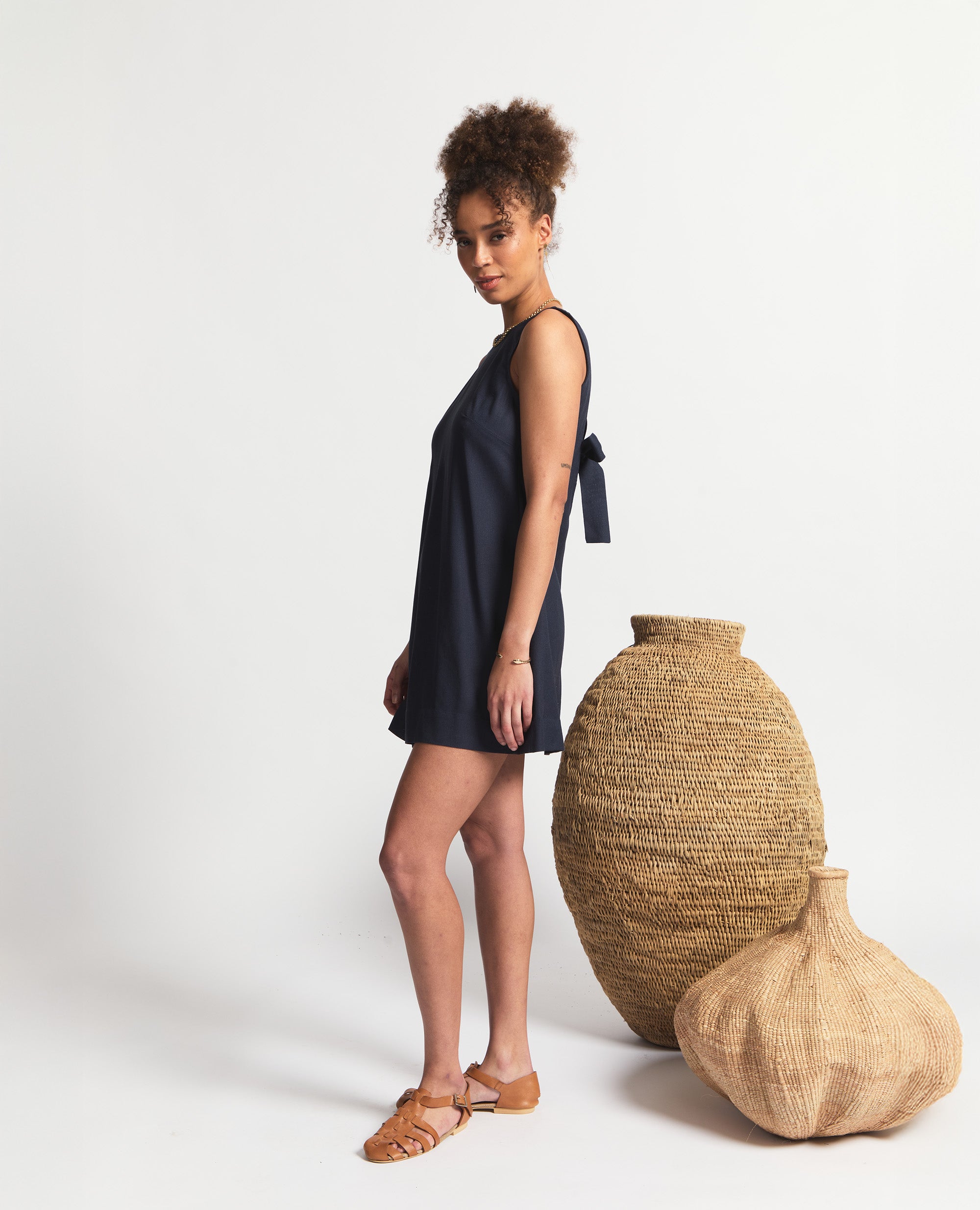 Mini | Sleeveless Open Back A-Line Dress | Navy