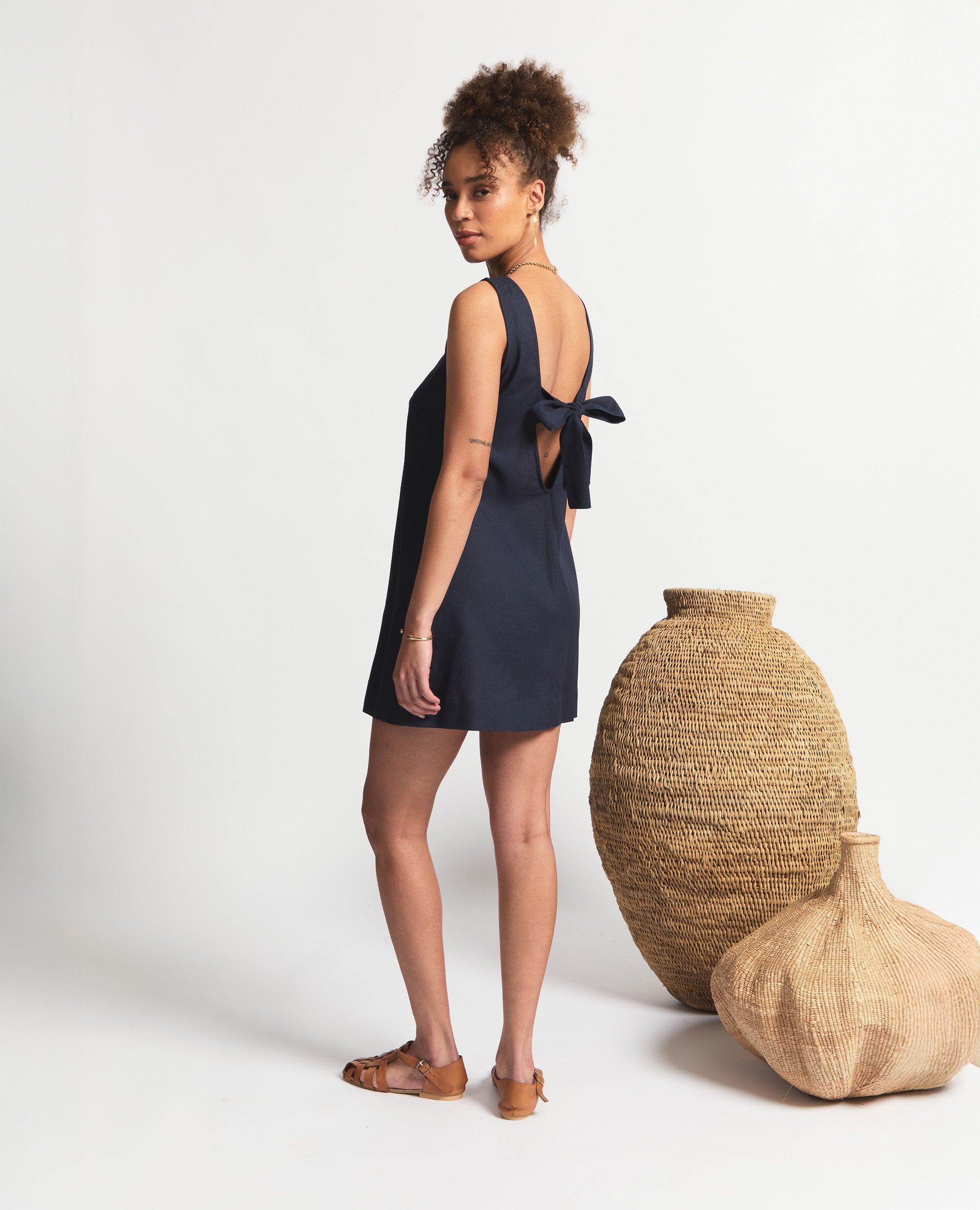 Mini | Sleeveless Open Back A-Line Dress | Navy
