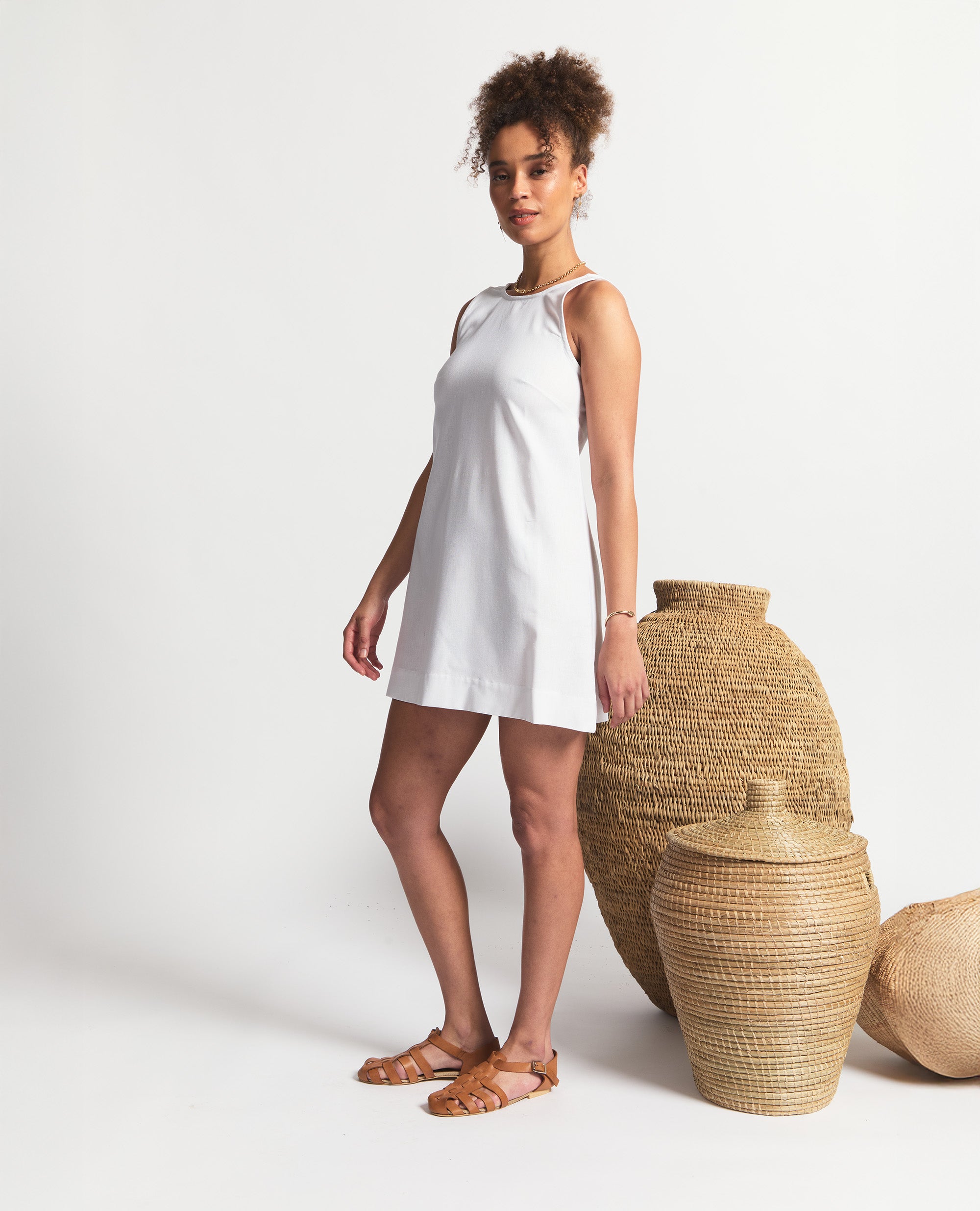 Mini | Sleeveless Open Back A-Line Dress | White