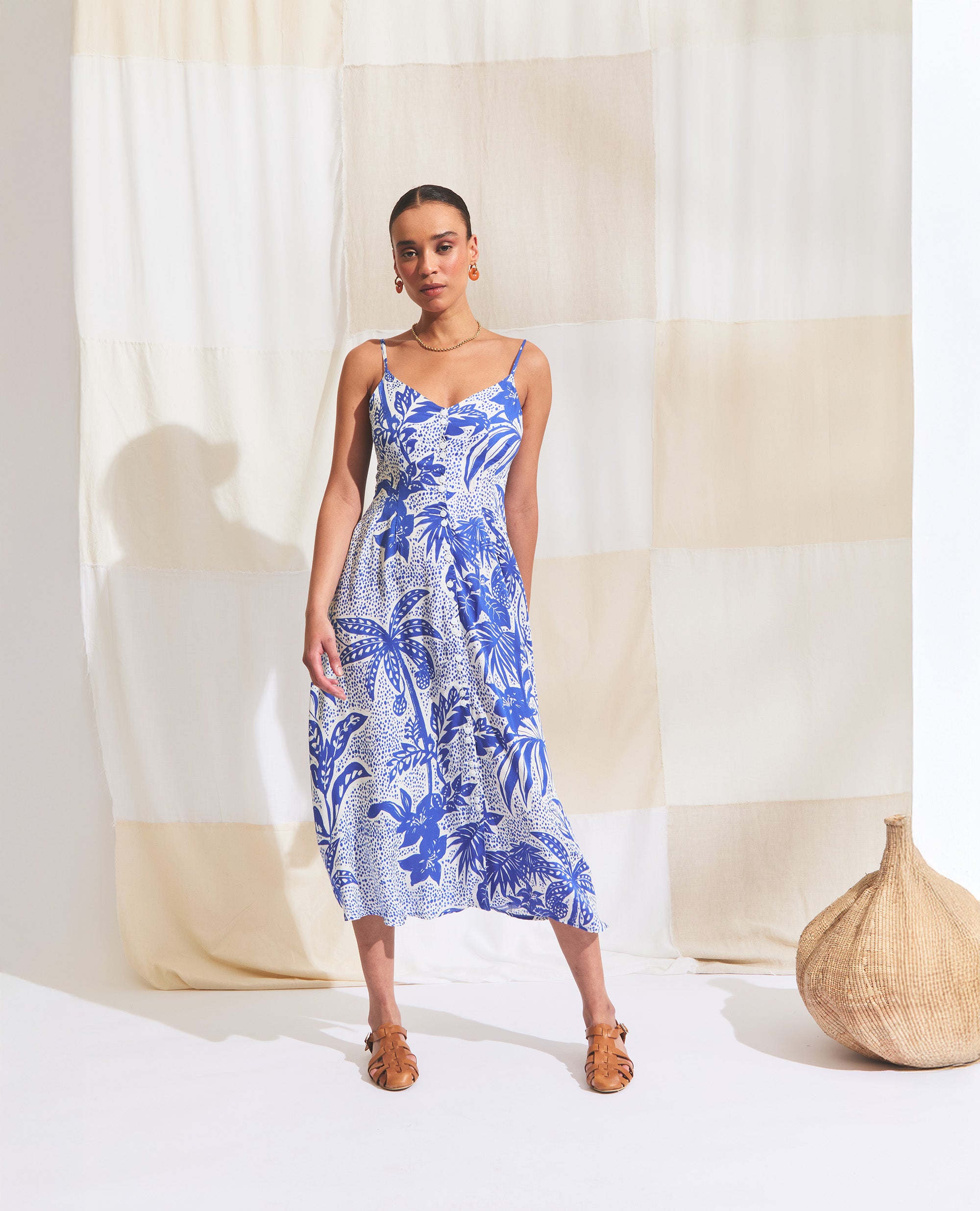 Ione | A-Line Dress | Cobalt & Ecru Jungle