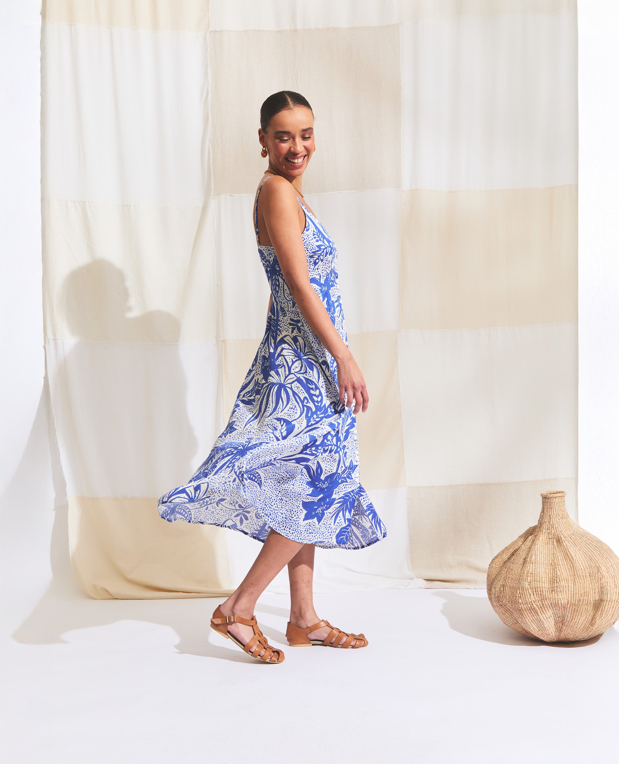 Ione | A-Line Dress | Cobalt & Ecru Jungle
