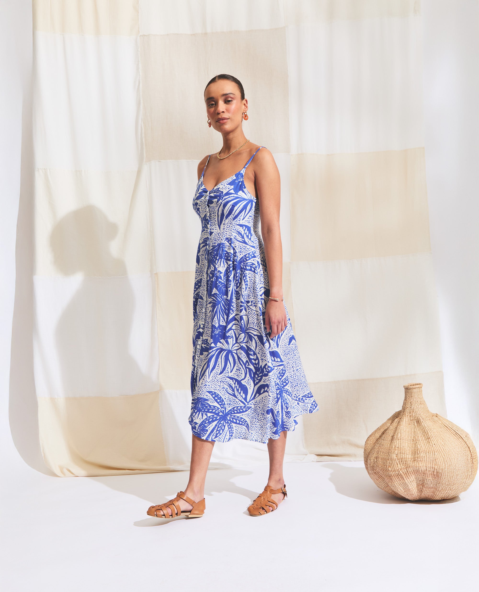 Ione | A-Line Dress | Cobalt & Ecru Jungle