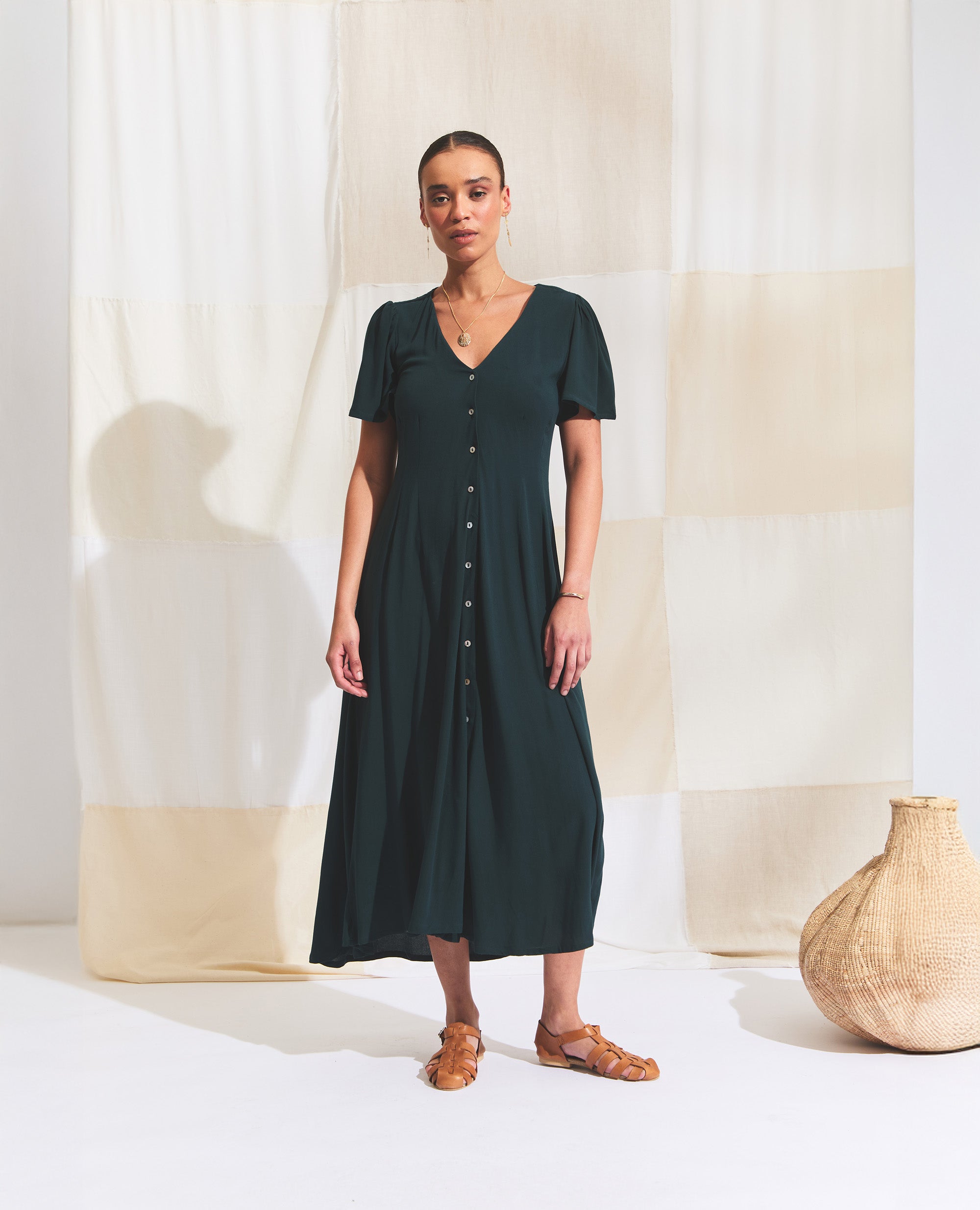 Zorya | Flutter Sleeve Dress | Emerald Green