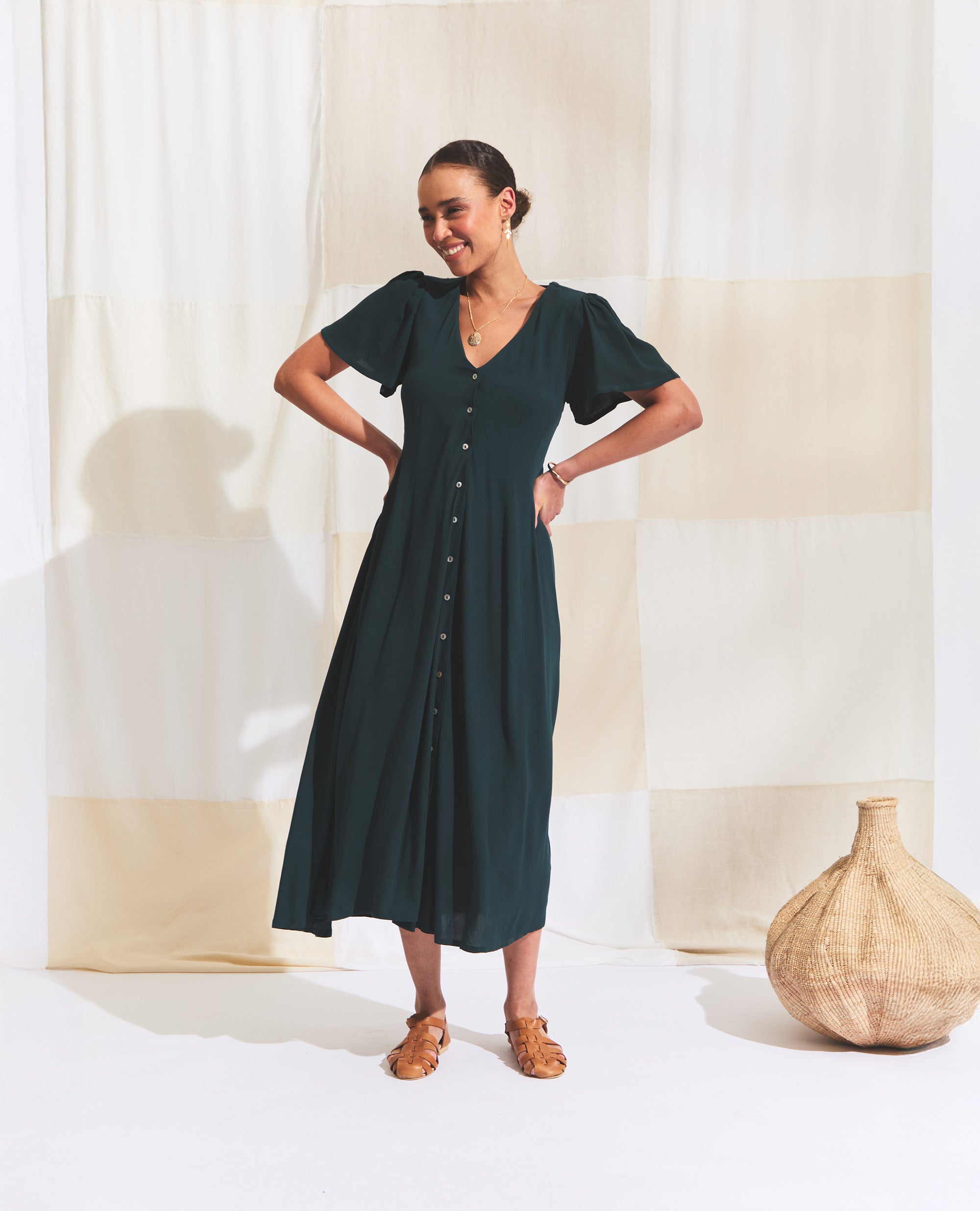 Zorya | Flutter Sleeve Dress | Emerald Green