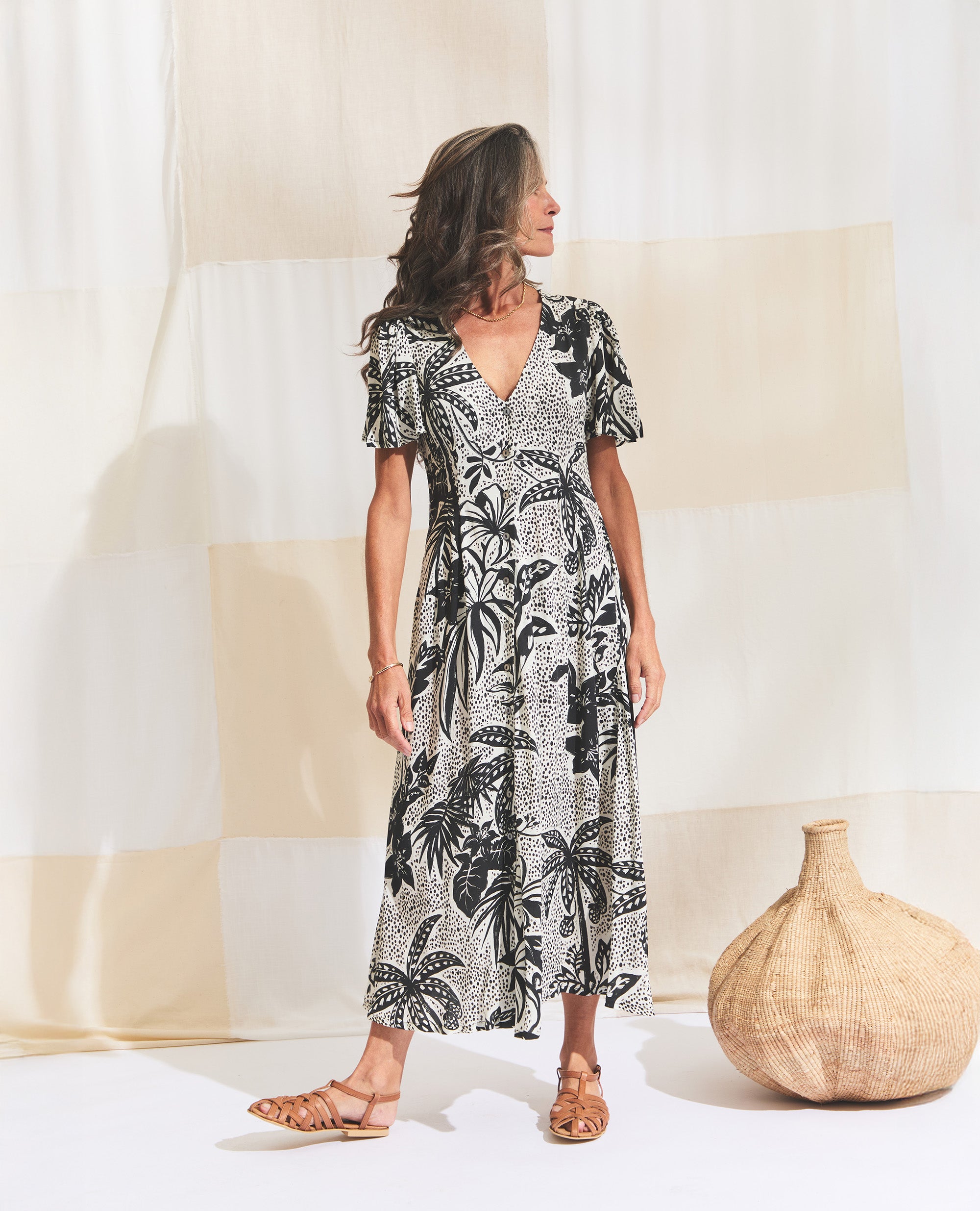 Zorya | Flutter Sleeve Dress | Black & Ecru Jungle
