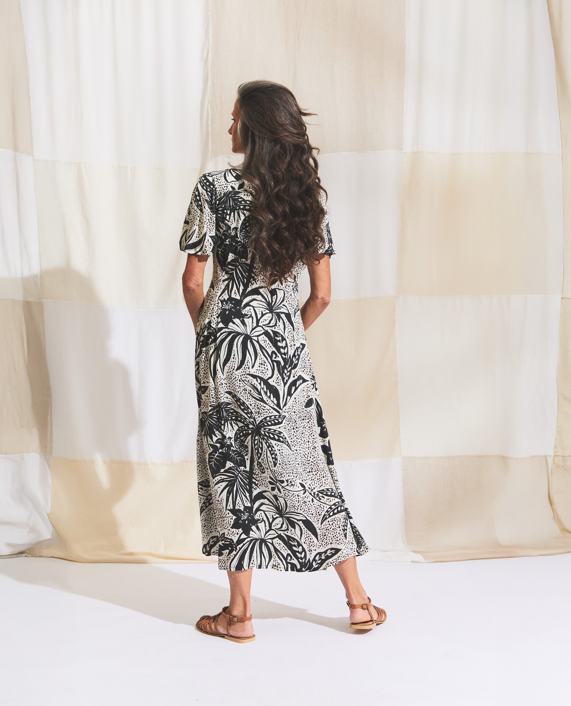 Zorya | Flutter Sleeve Dress | Black & Ecru Jungle