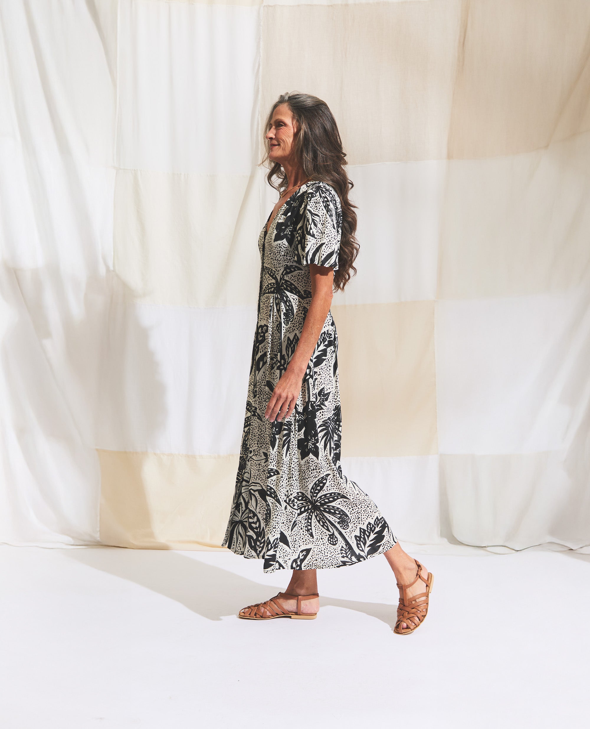 Zorya | Flutter Sleeve Dress | Black & Ecru Jungle