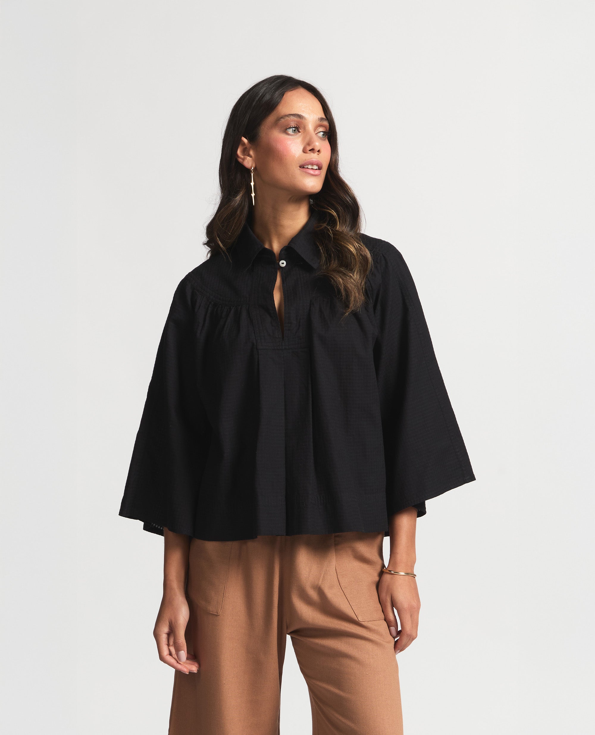 Alva | Three-Quarter Blouse | Black Check