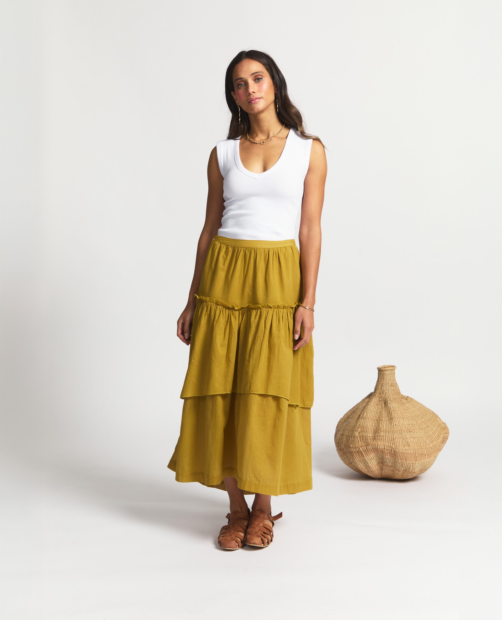 Aya | Tier Maxi Skirt | Mustard