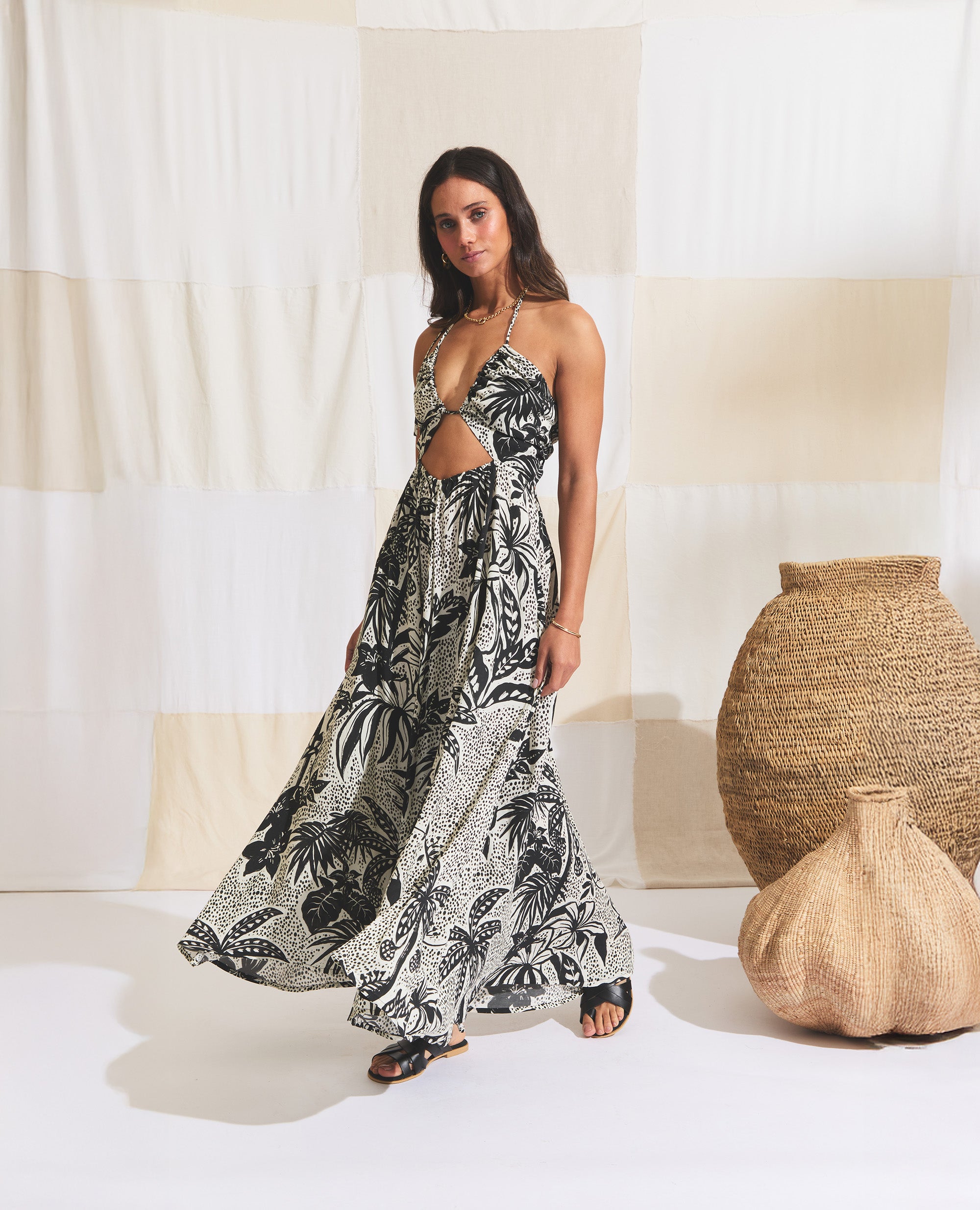 Calypso | Flared Dress | Black & Ecru Jungle