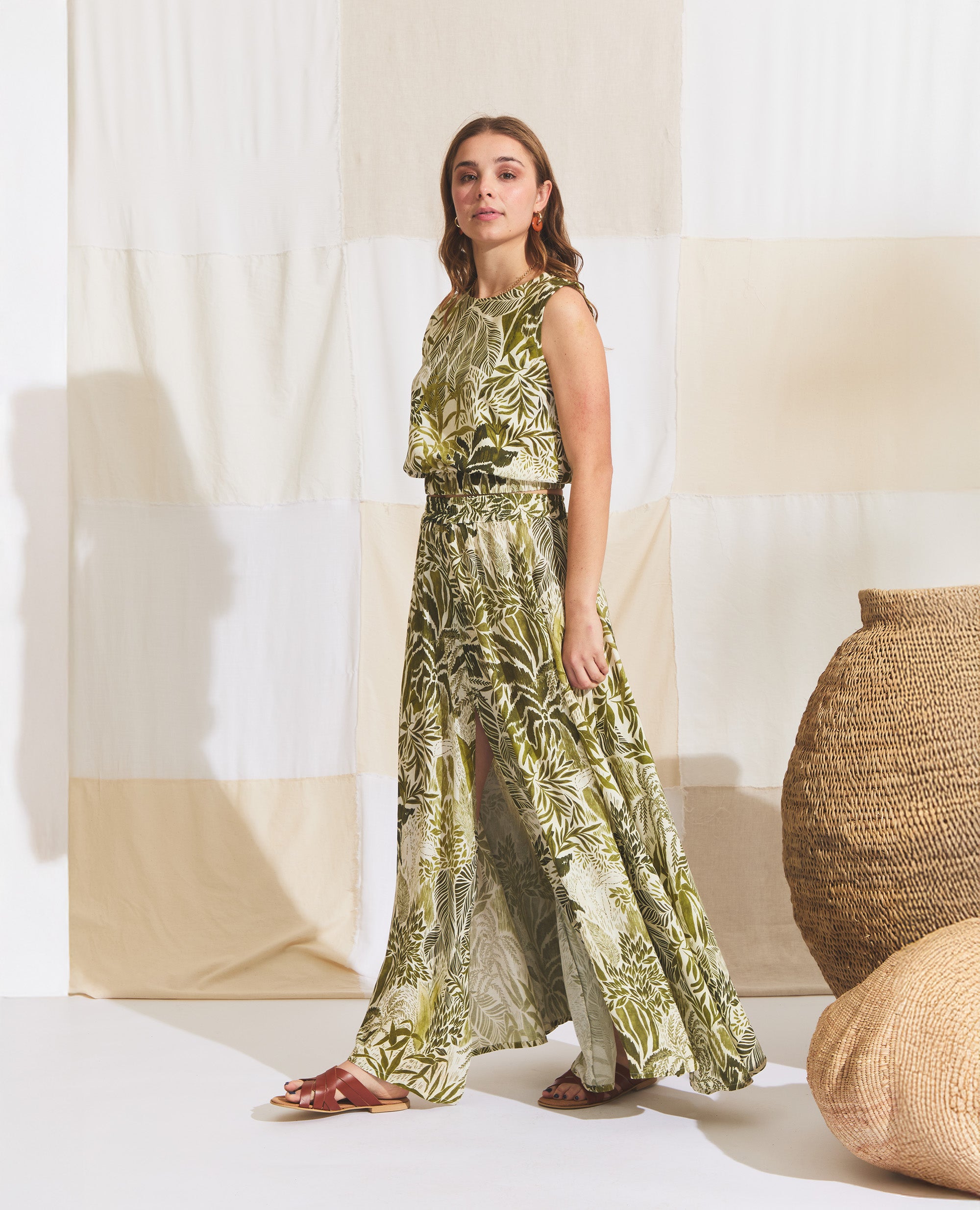 Maxi | Skirt With Slits | Green Palm
