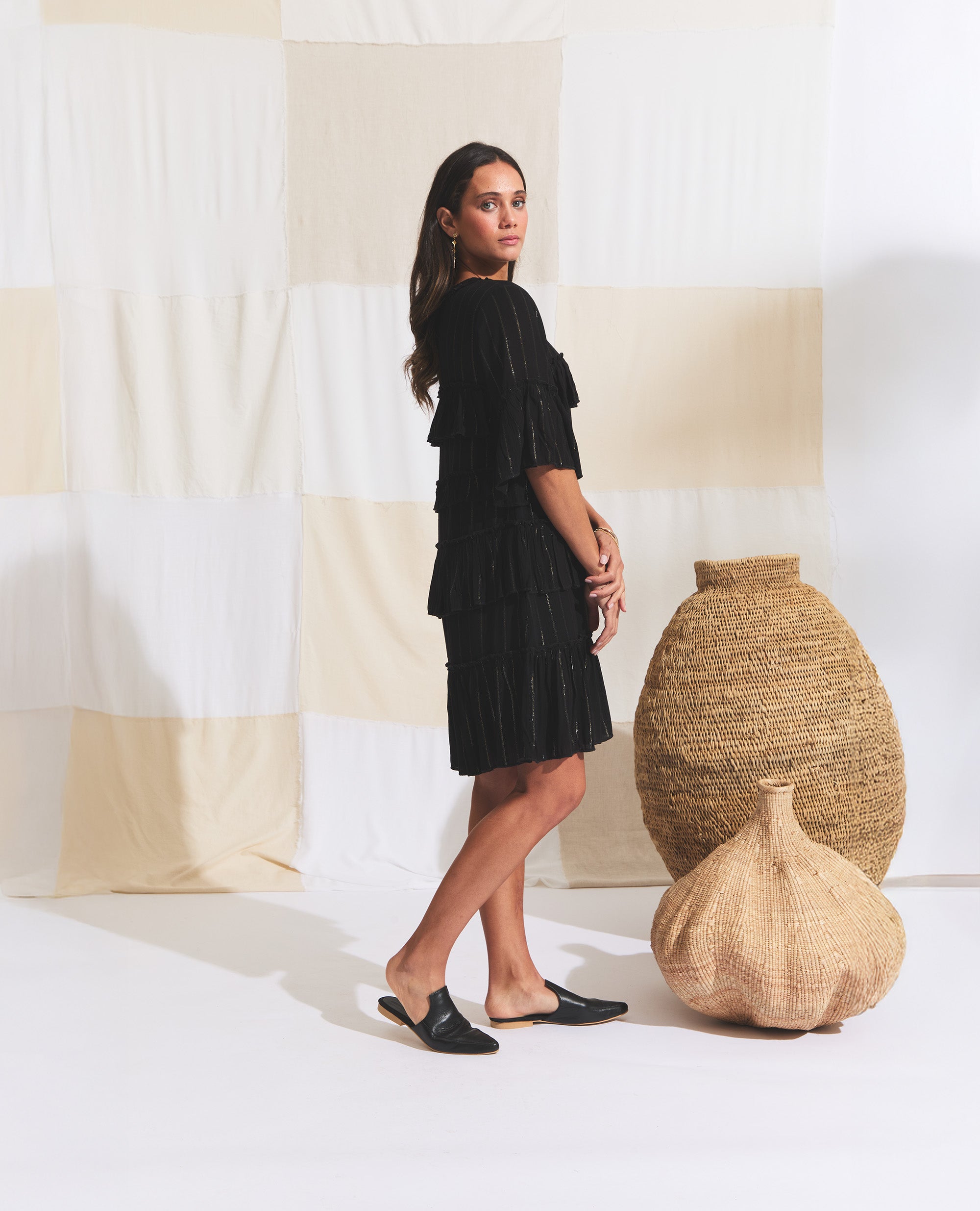 Leta | Mini Dress | Black with Gold Stripe