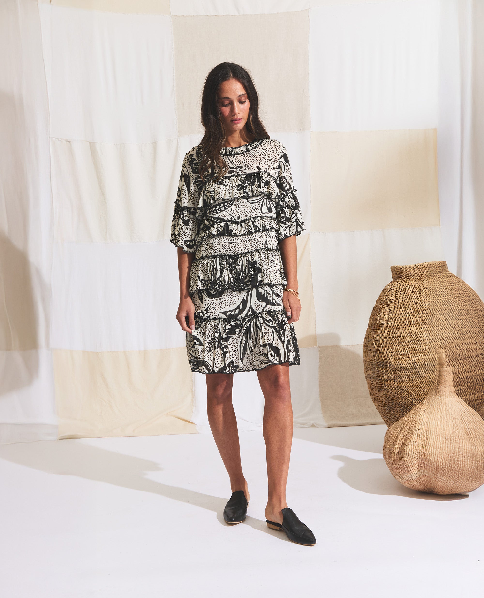 Leta | Mini Black Dress | Black & Ecru Jungle