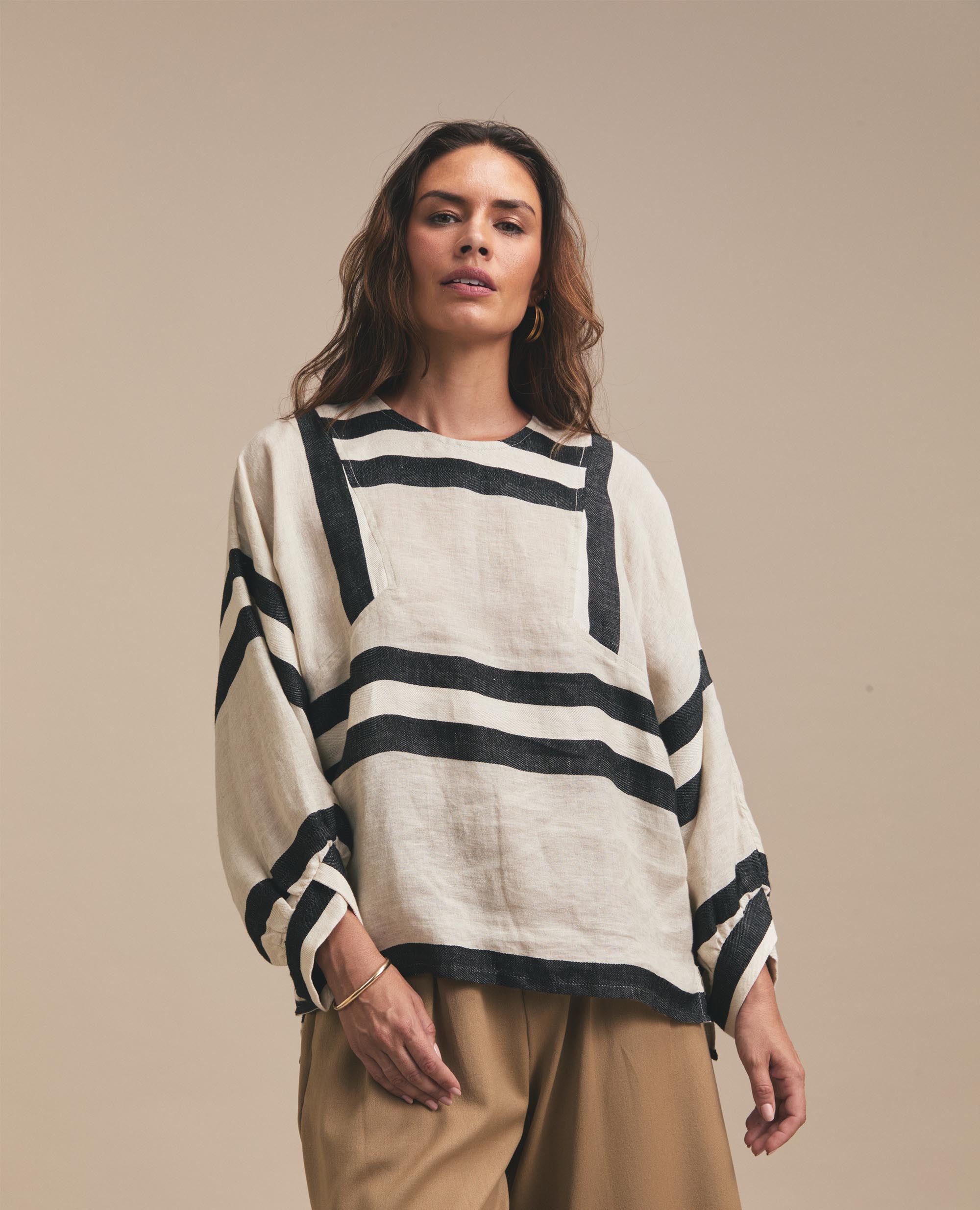 Helena | Oversized Blouse | Black & Beige Stripe