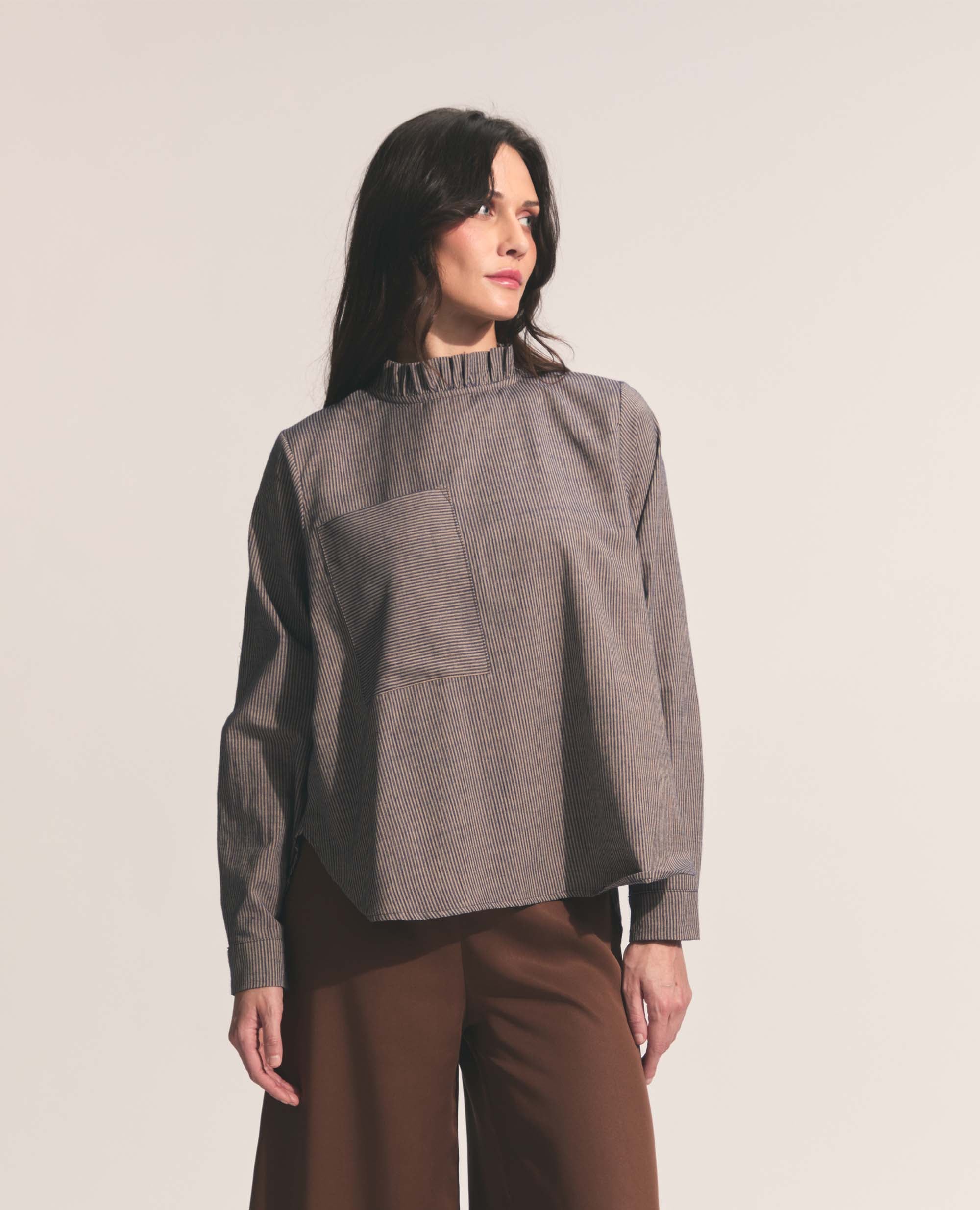 Luisa | Frill Neck Blouse | Navy & Tan Stripe