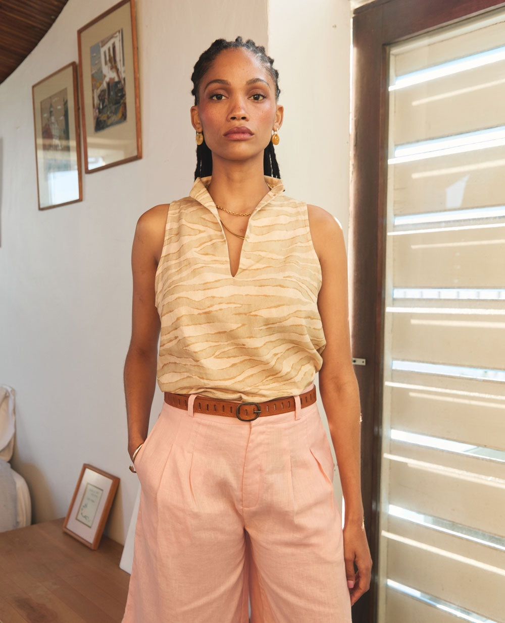 Solana | Stand Collar Top | Dune Stripe