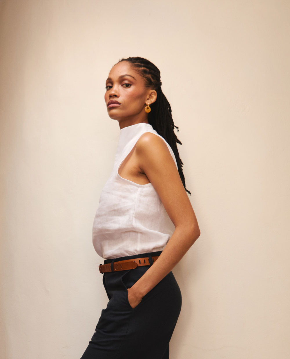 Solana | Stand Collar Top | White