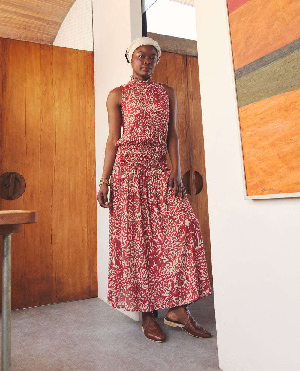Flora | High Neck Maxi Dress | Gold Dot & Chilli Ostrich Print