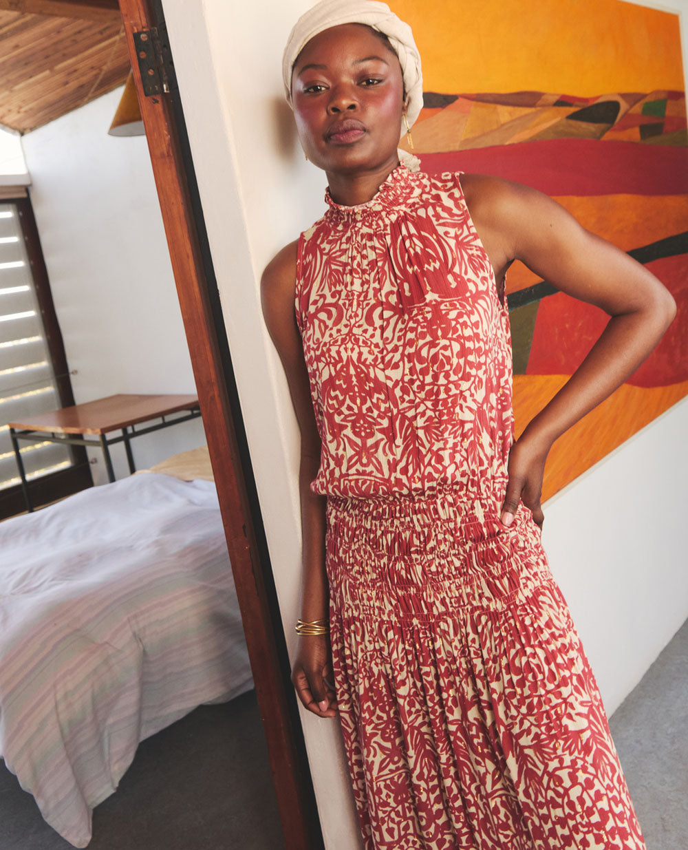 Flora | High Neck Maxi Dress | Gold Dot & Chilli Ostrich Print