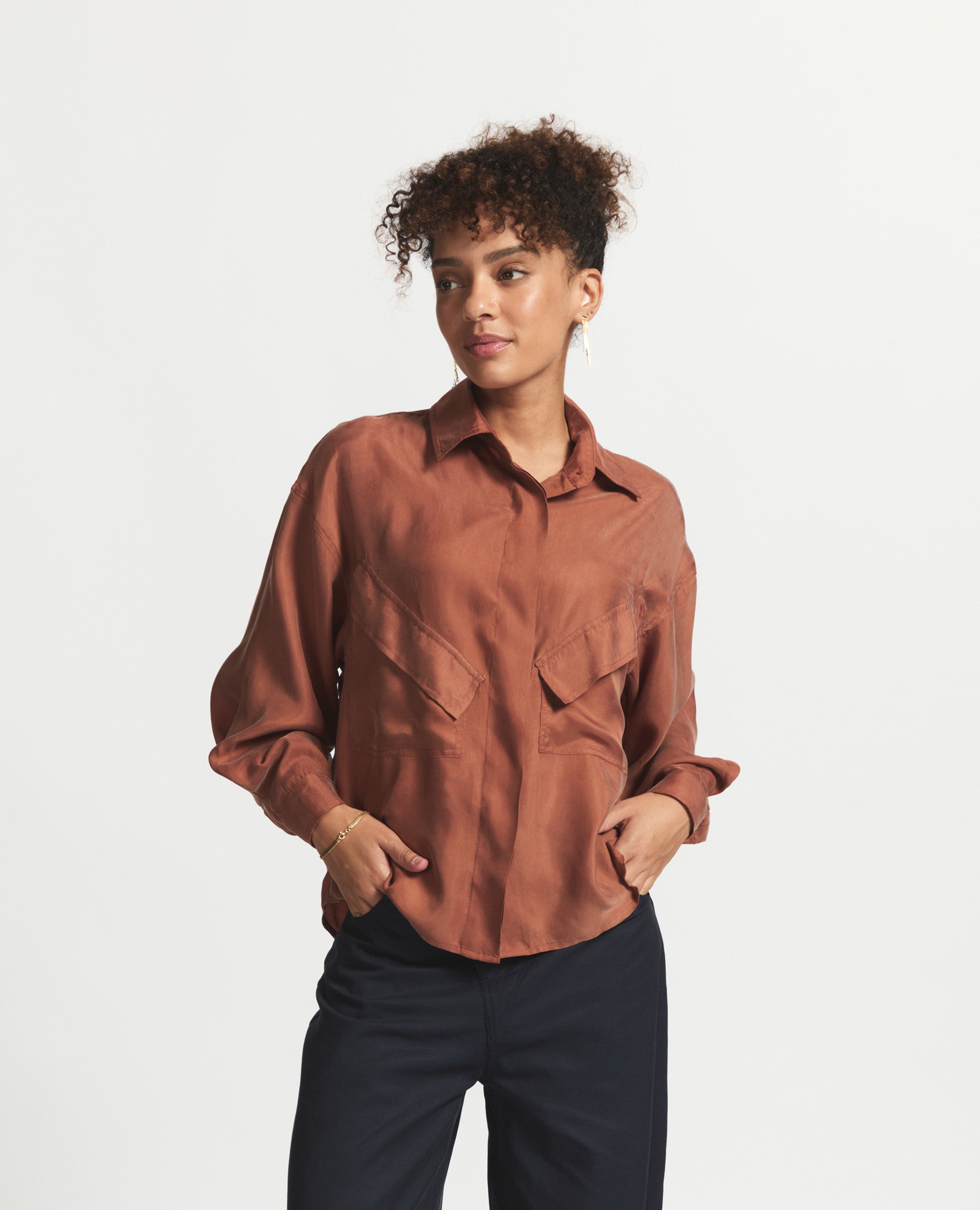 Angle Top | Loose Fit Button Up Blouse | Rust