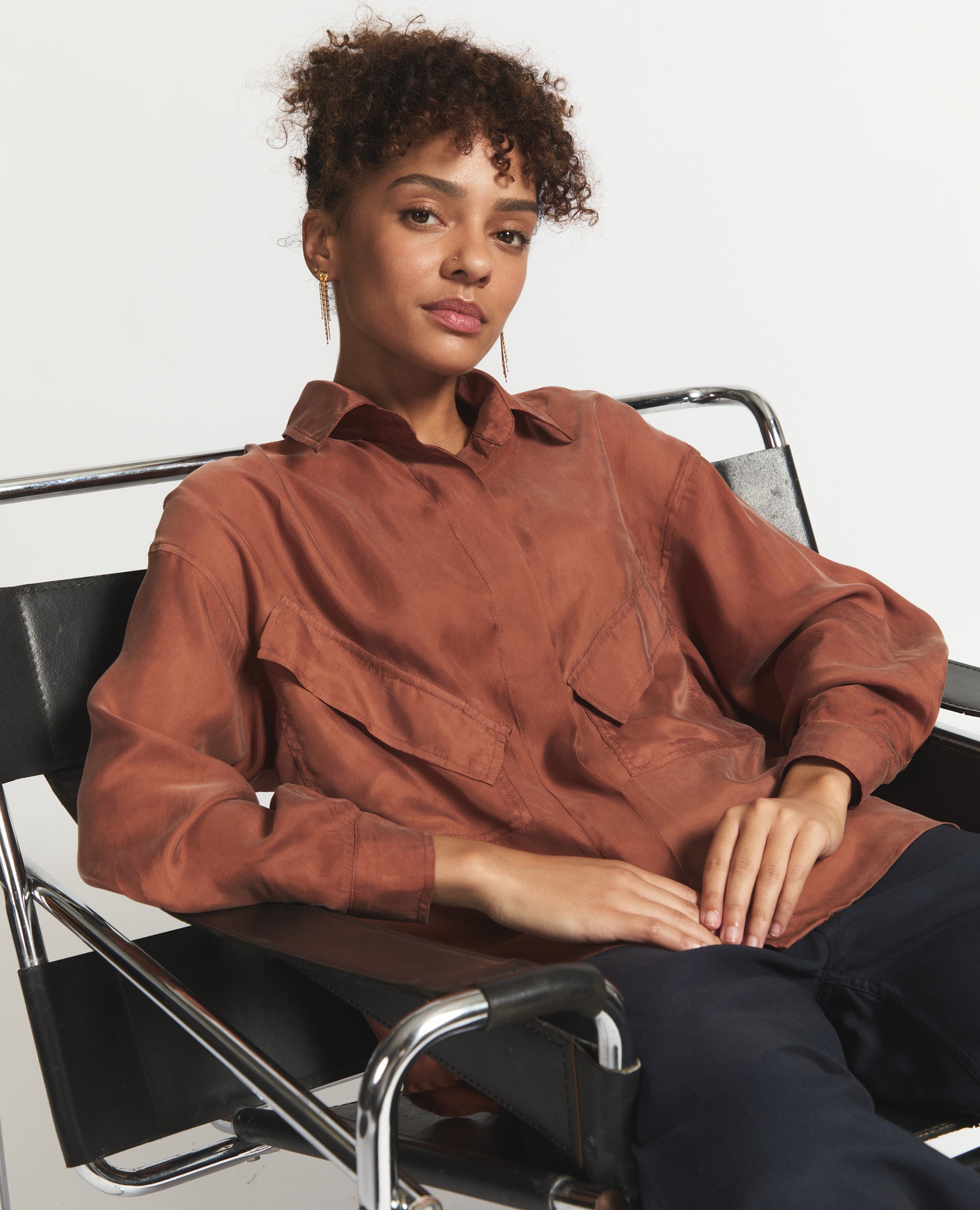 Angle Top | Loose Fit Button Up Blouse | Rust