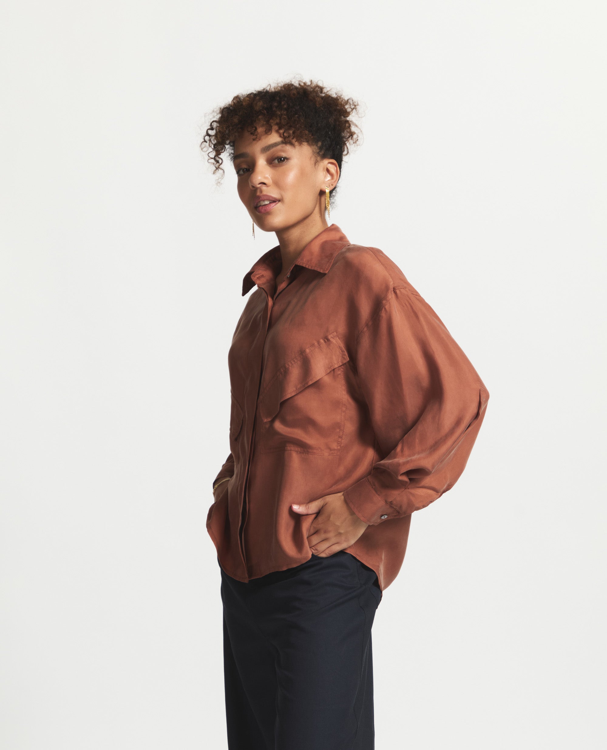 Angle Top | Loose Fit Button Up Blouse | Rust
