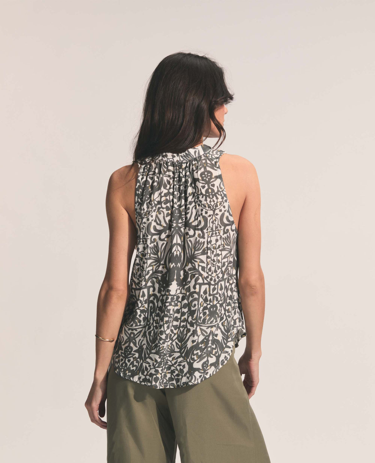 Alfama | Tassle Tie Blouse | Gold & Charcoal Ostrich Print