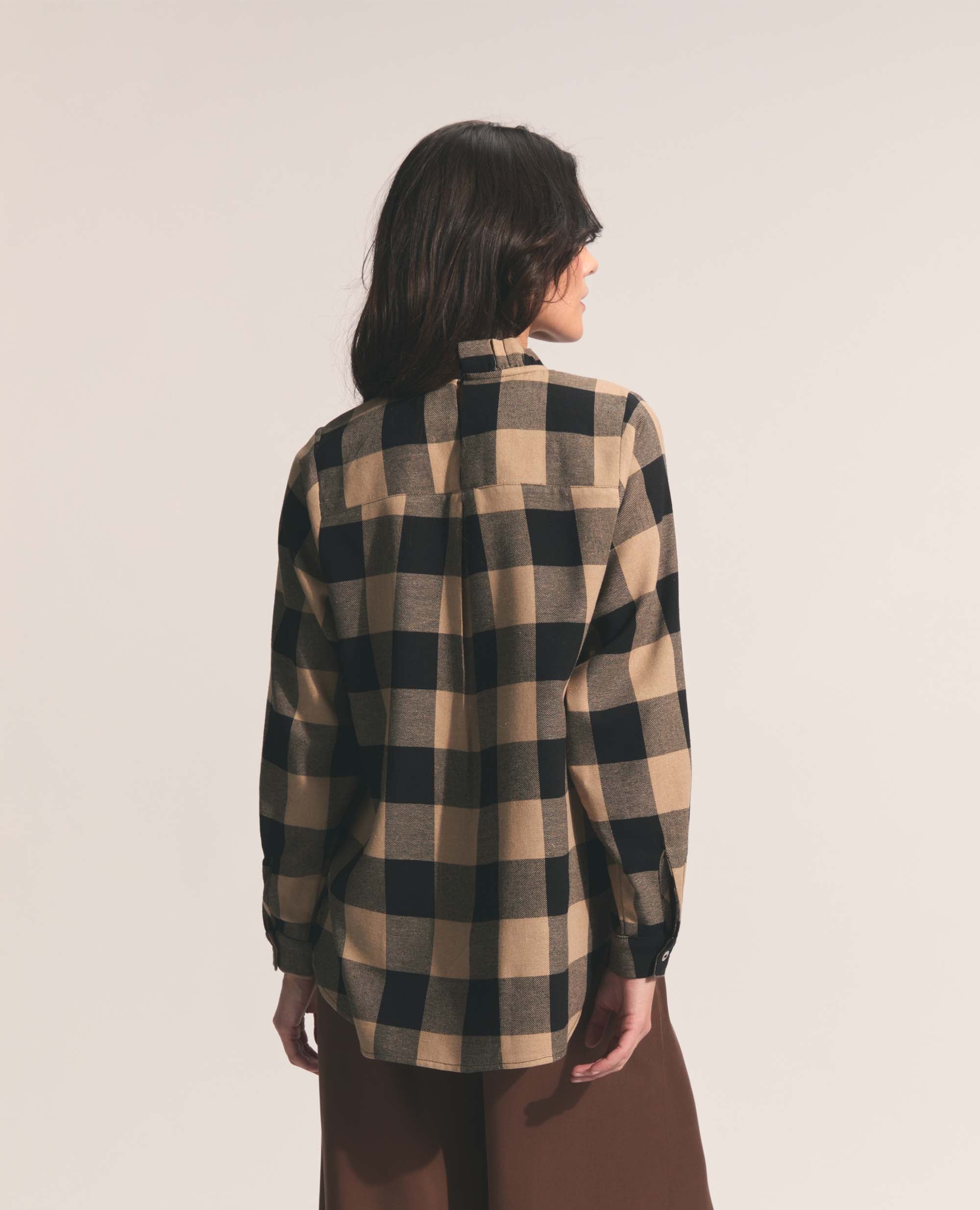 Luisa | Frill Neck Blouse | Black & Tan Check