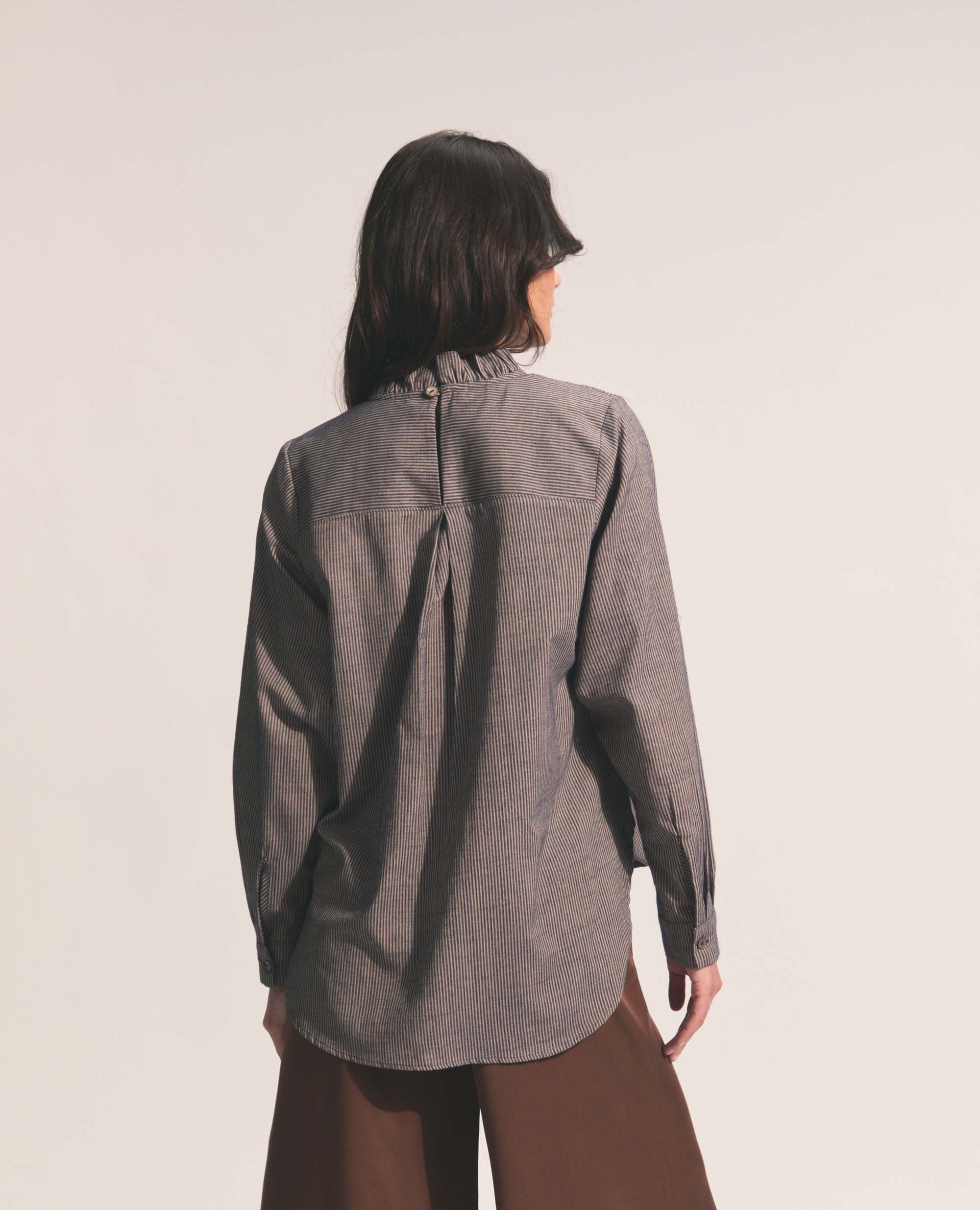 Luisa | Frill Neck Blouse | Navy & Tan Stripe