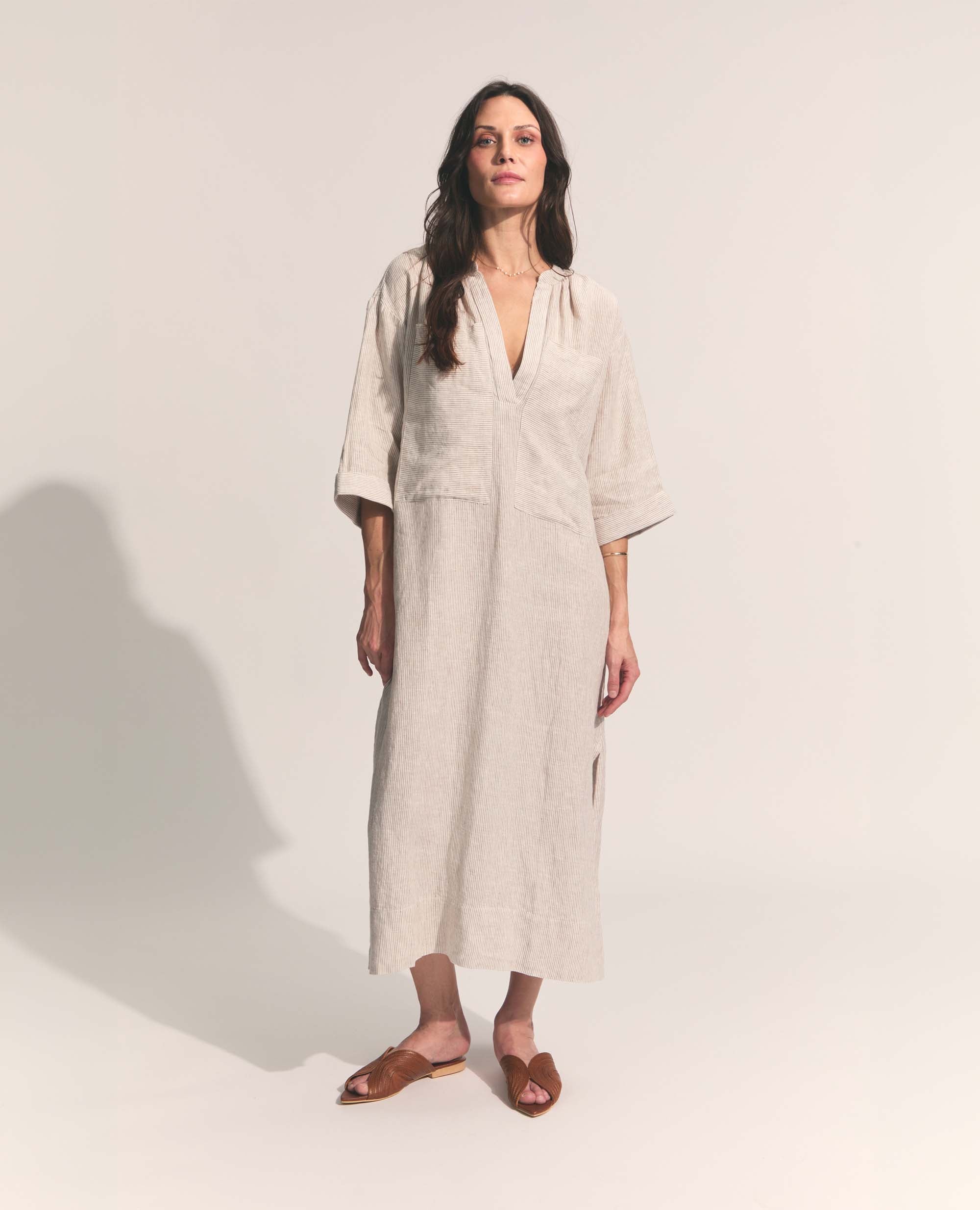 Alexa | Dress with Pockets | Beige Stripe