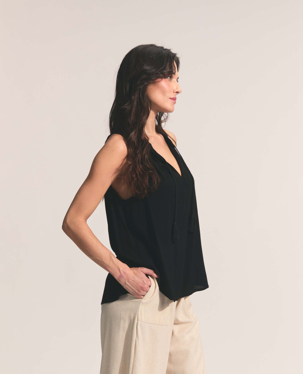Alfama | Tassle Tie Blouse | Crepe Black