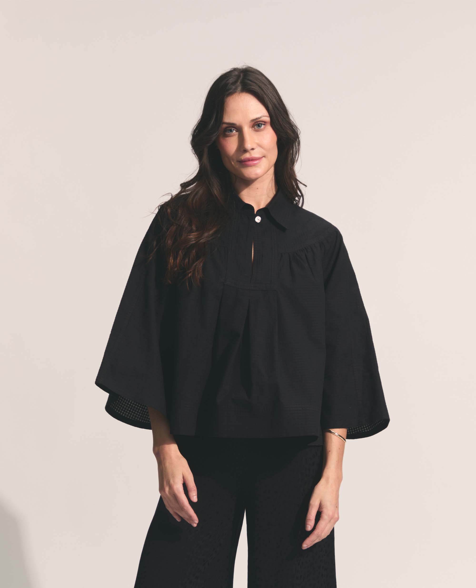 Alva | Three-Quarter Blouse | Black Check