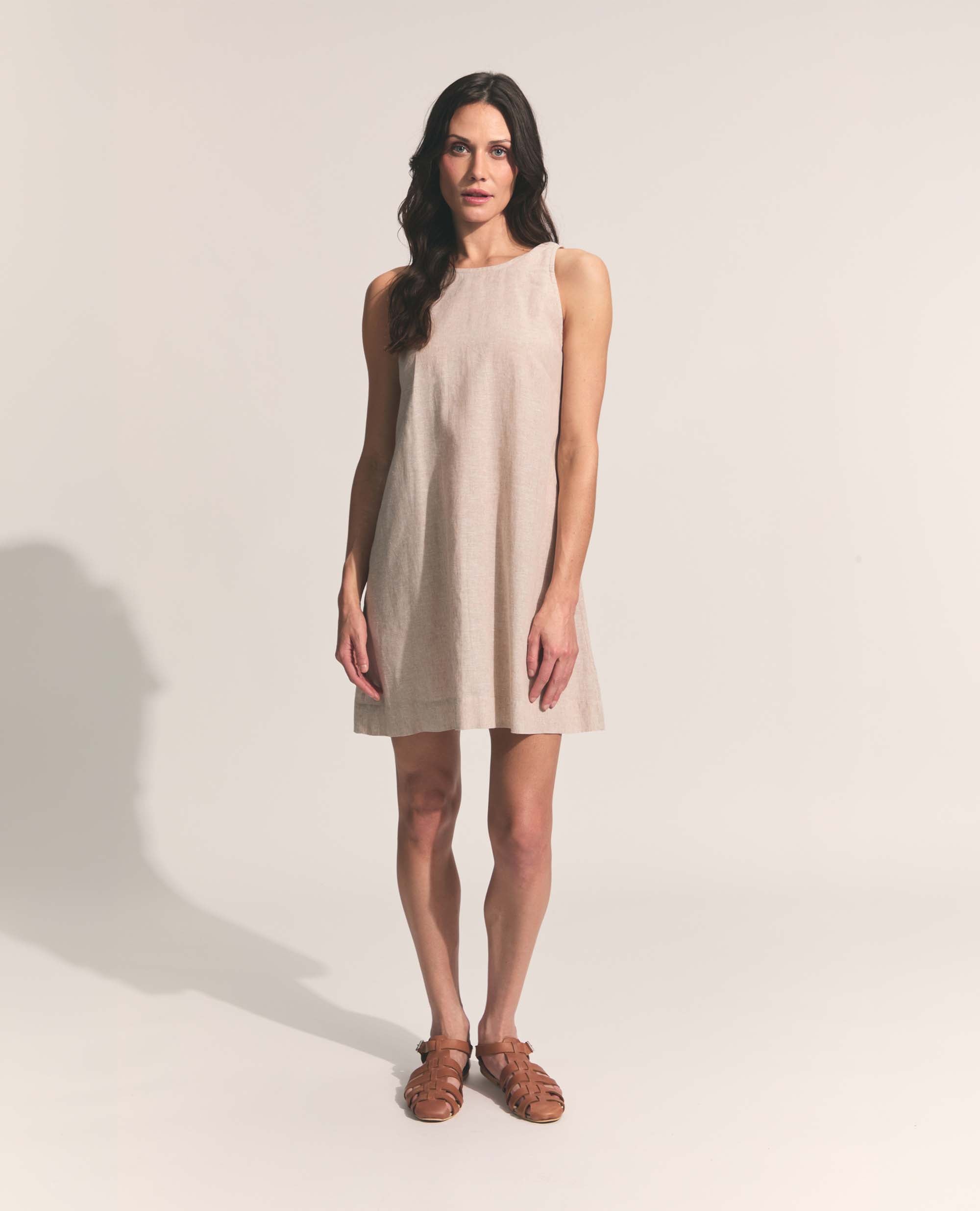 Mini | Sleeveless Open Back A-Line Dress | Natural