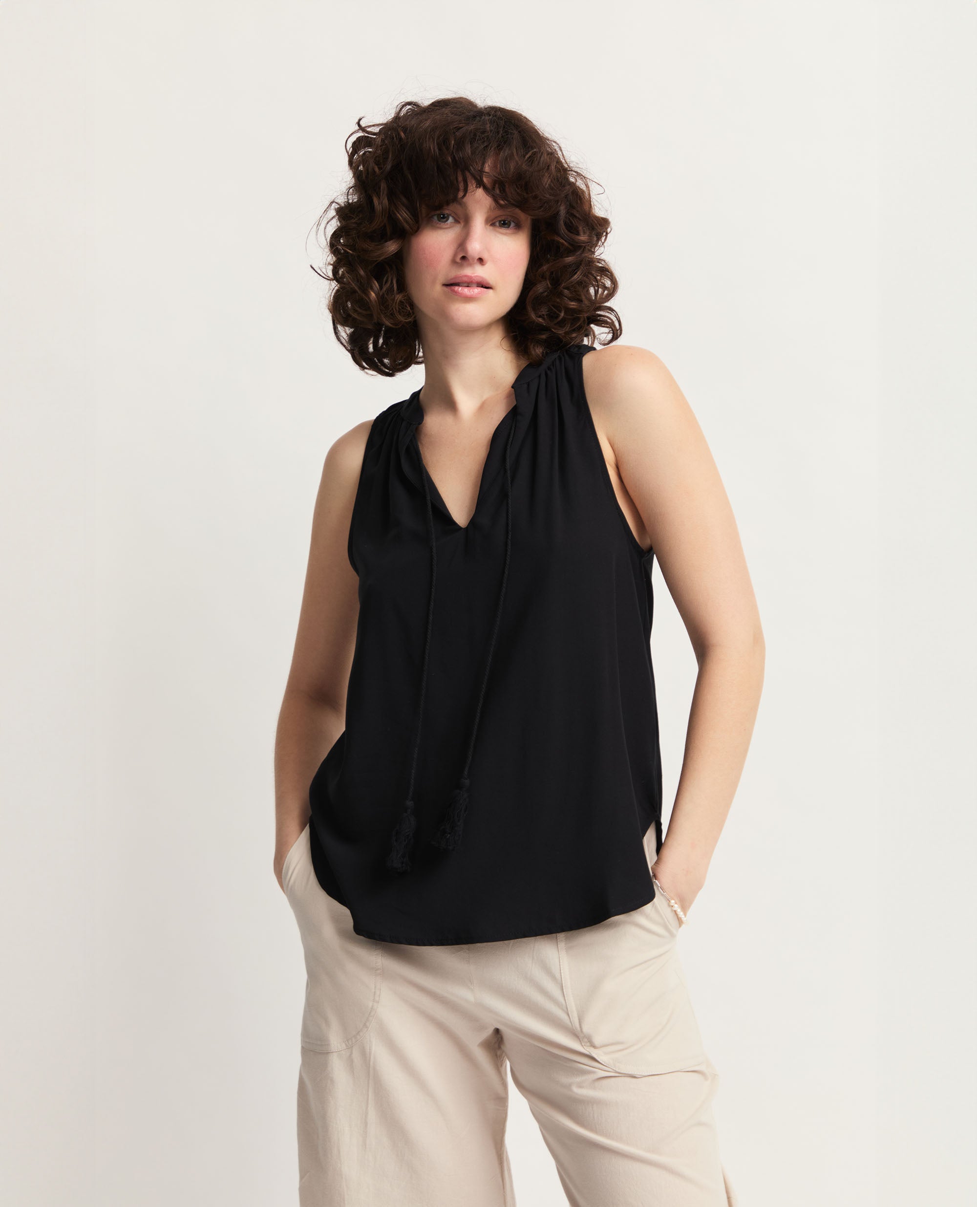 Alfama | Tassle Tie Blouse | Black
