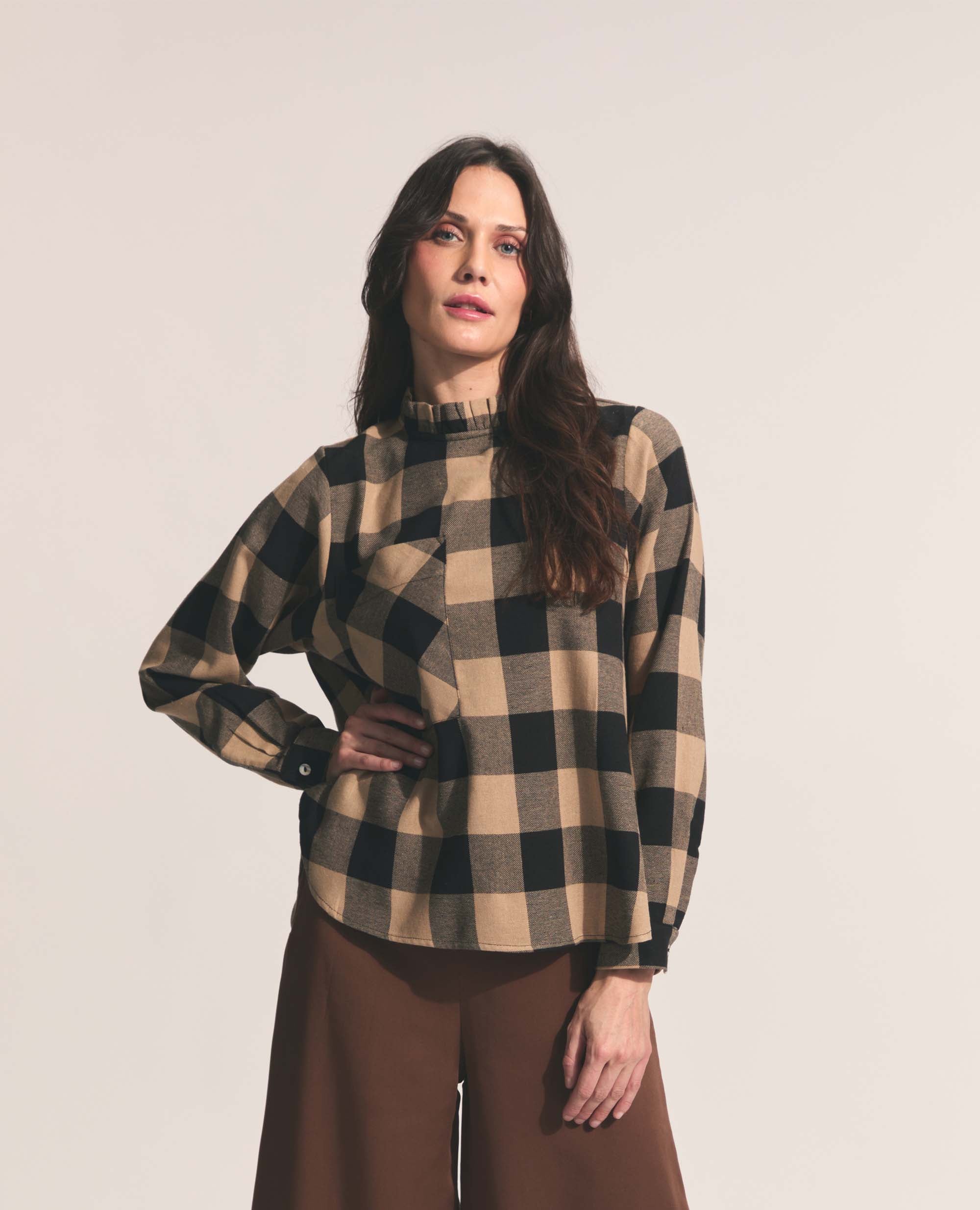 Luisa | Frill Neck Blouse | Black & Tan Check