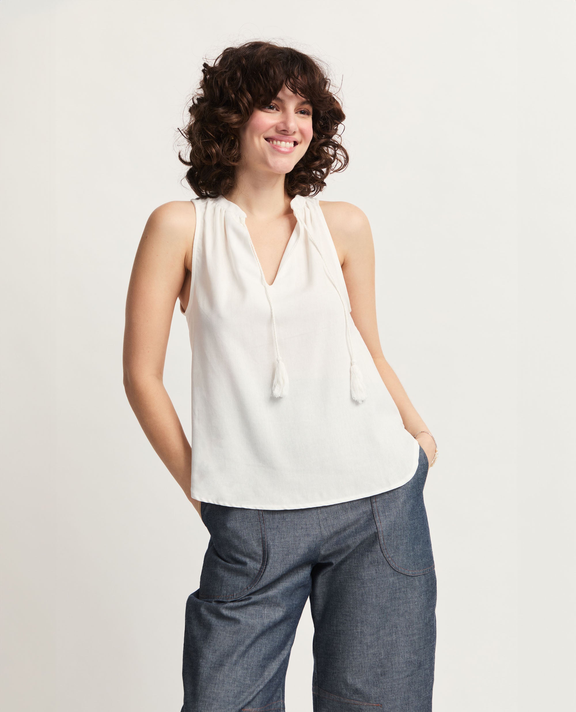 Alfama | Tassle Tie Blouse | White