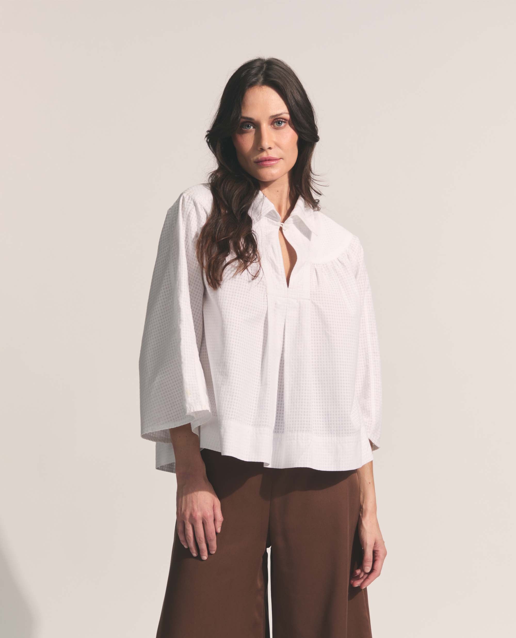Alva | Three-Quarter Blouse | White Check