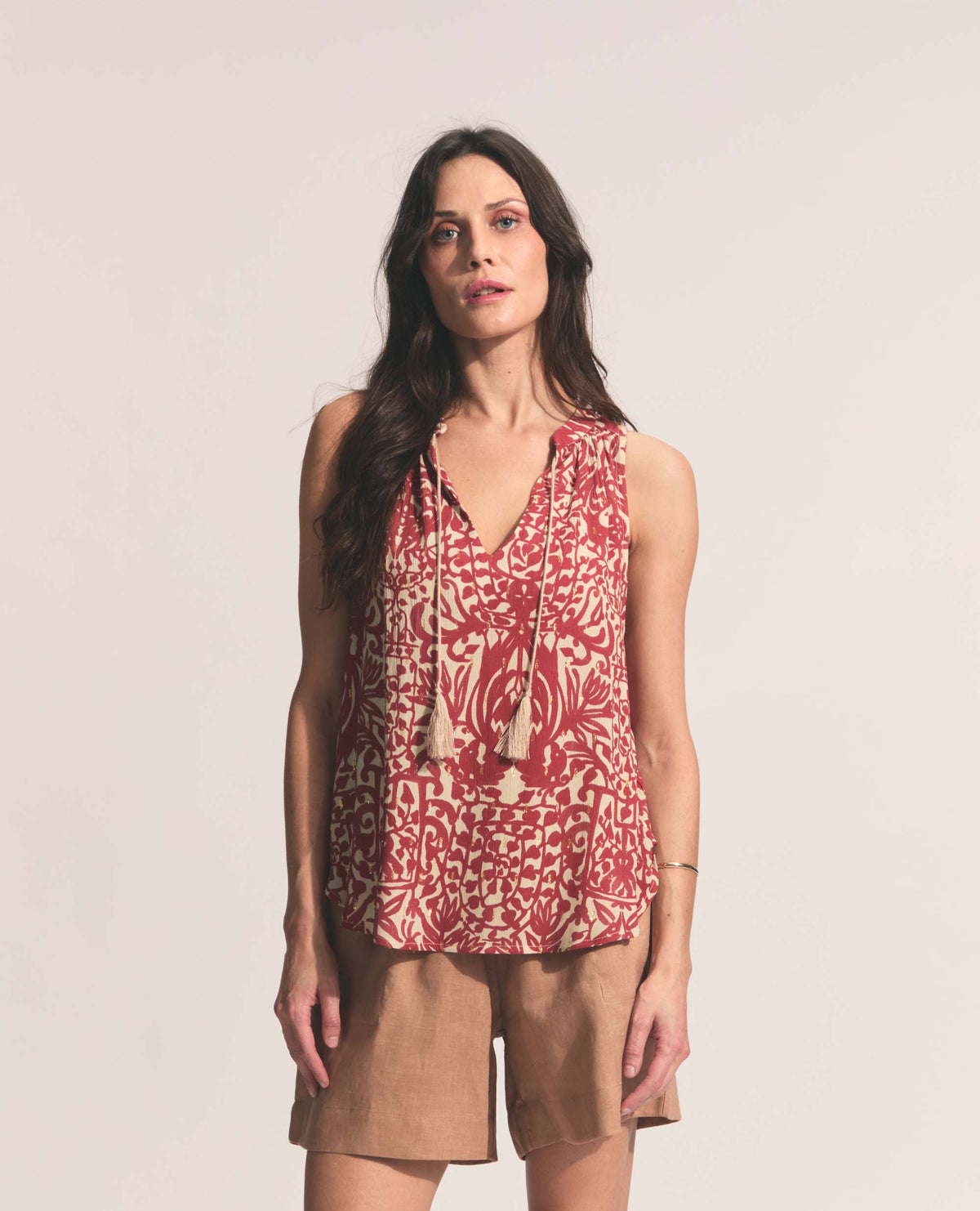 Alfama | Tassle Tie Blouse | Gold & Chilli Ostrich Print