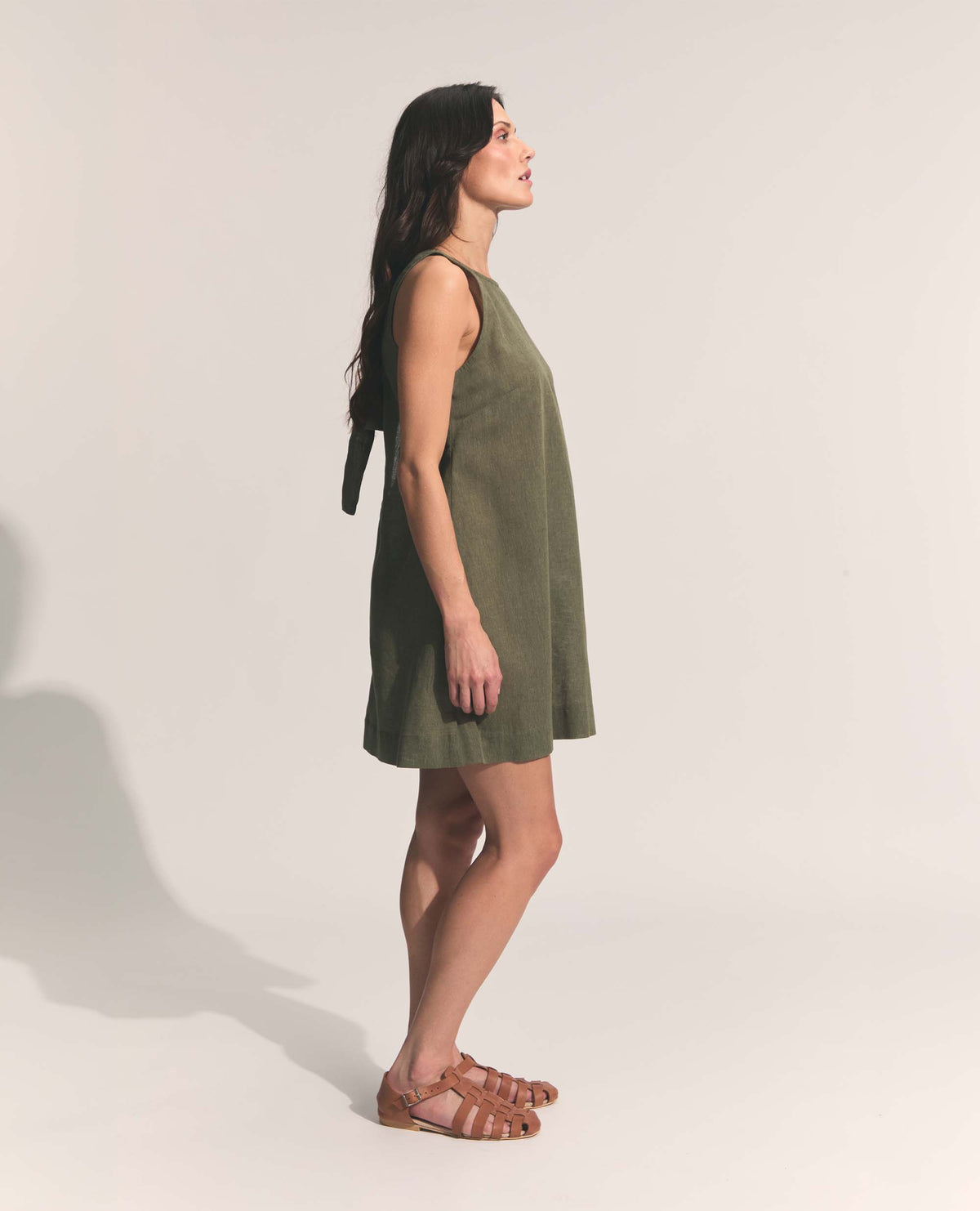 Mini | Sleeveless Open Back A-Line Dress | Khaki