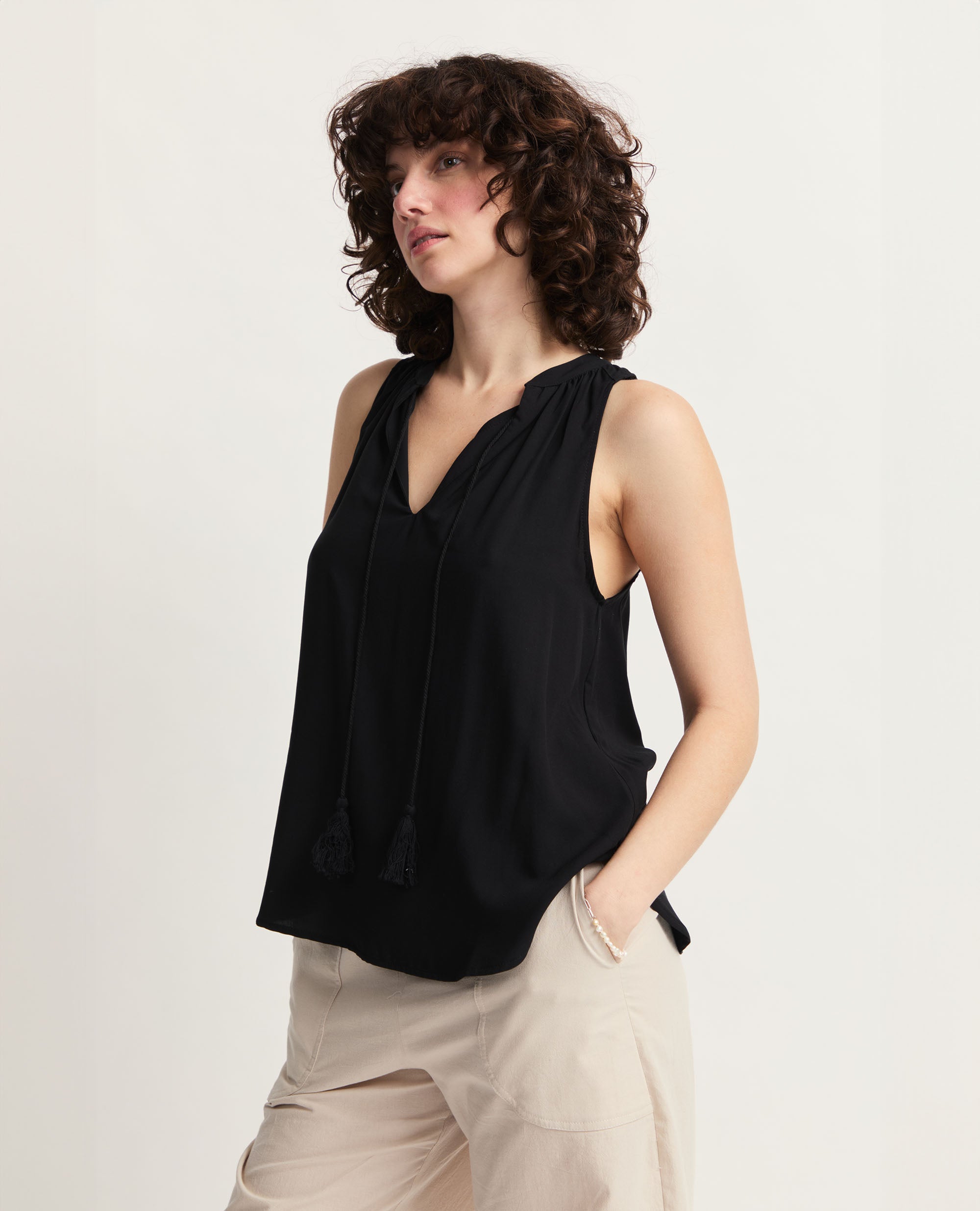 Alfama | Tassle Tie Blouse | Black